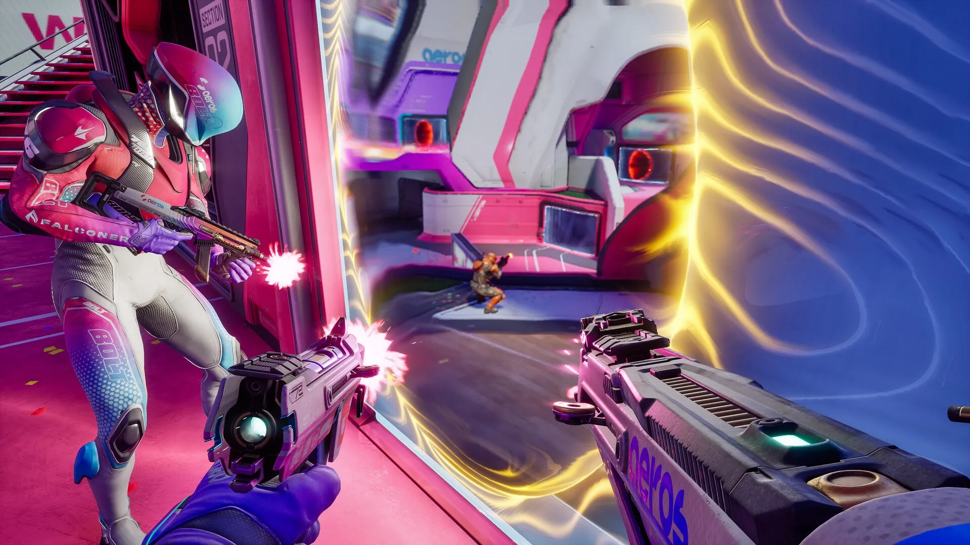 Splitgate 2: Intense gunfight through glowing portal in vibrant futuristic arena environment