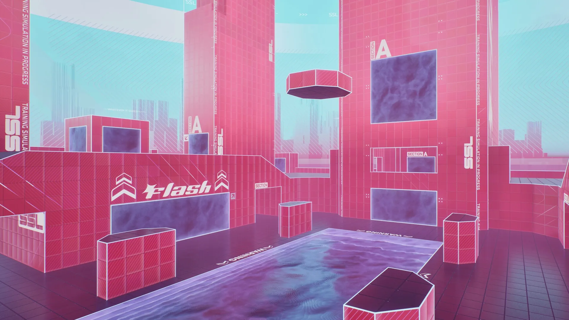 Splitgate 2: Training simulation arena with neon pink grid walls and floating platforms