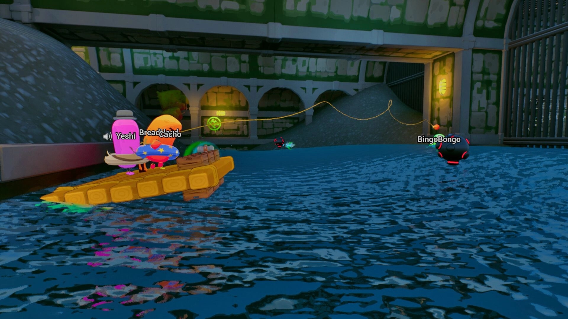 Sponge Break: Co-op raft floats under a bridge as players Yeshi and BreadCacho face BingoBongo in river tunnel.