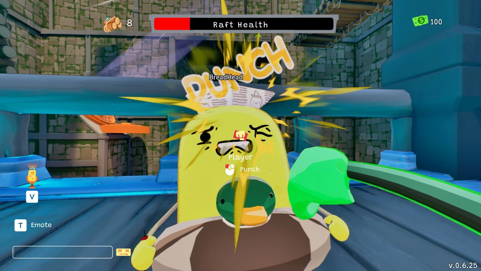 Sponge Break: Punching player BreadHead on raft, Raft Health bar visible in stone canal level.