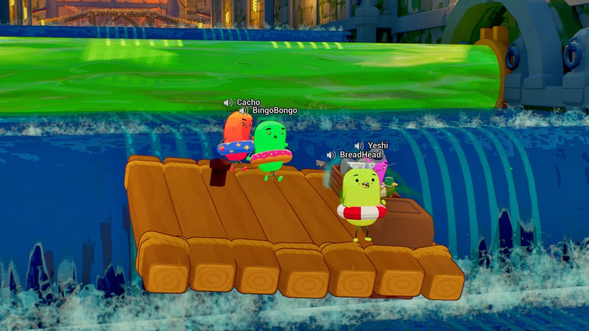 Sponge Break: Four sponge players on a log raft by a toxic waterfall, voice icons and names visible.