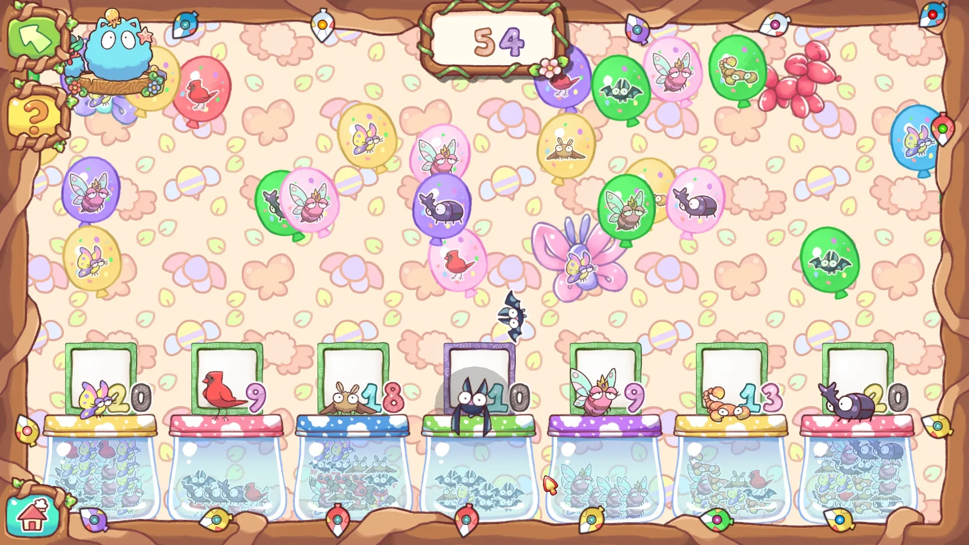 Spoofs Playland: Balloon-popping minigame with colorful jars and a playful Spoof in a whimsical setting
