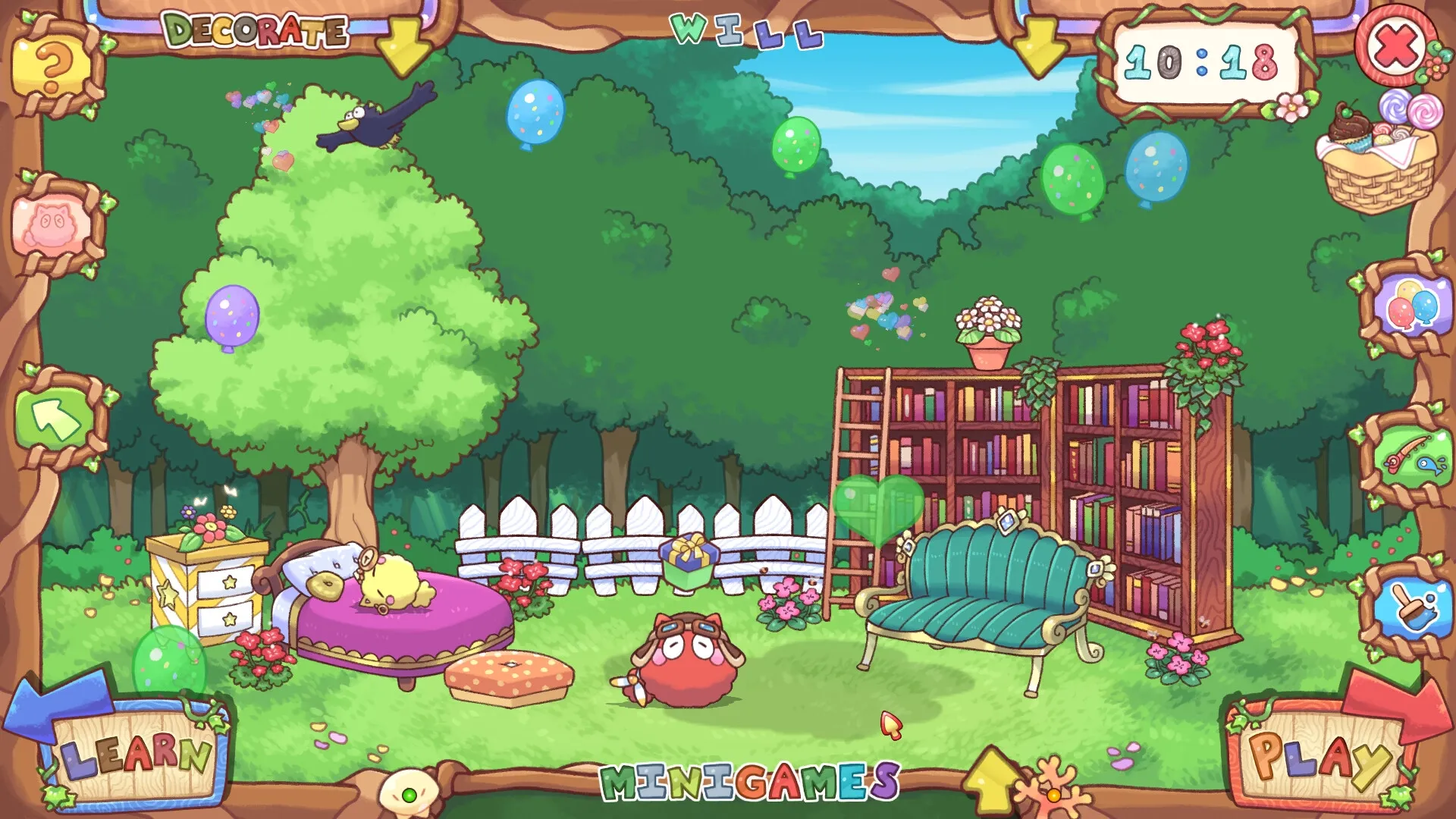 Spoofs Playland: Cozy garden scene with Spoofs, balloons, bookshelves, and a relaxing outdoor setup.