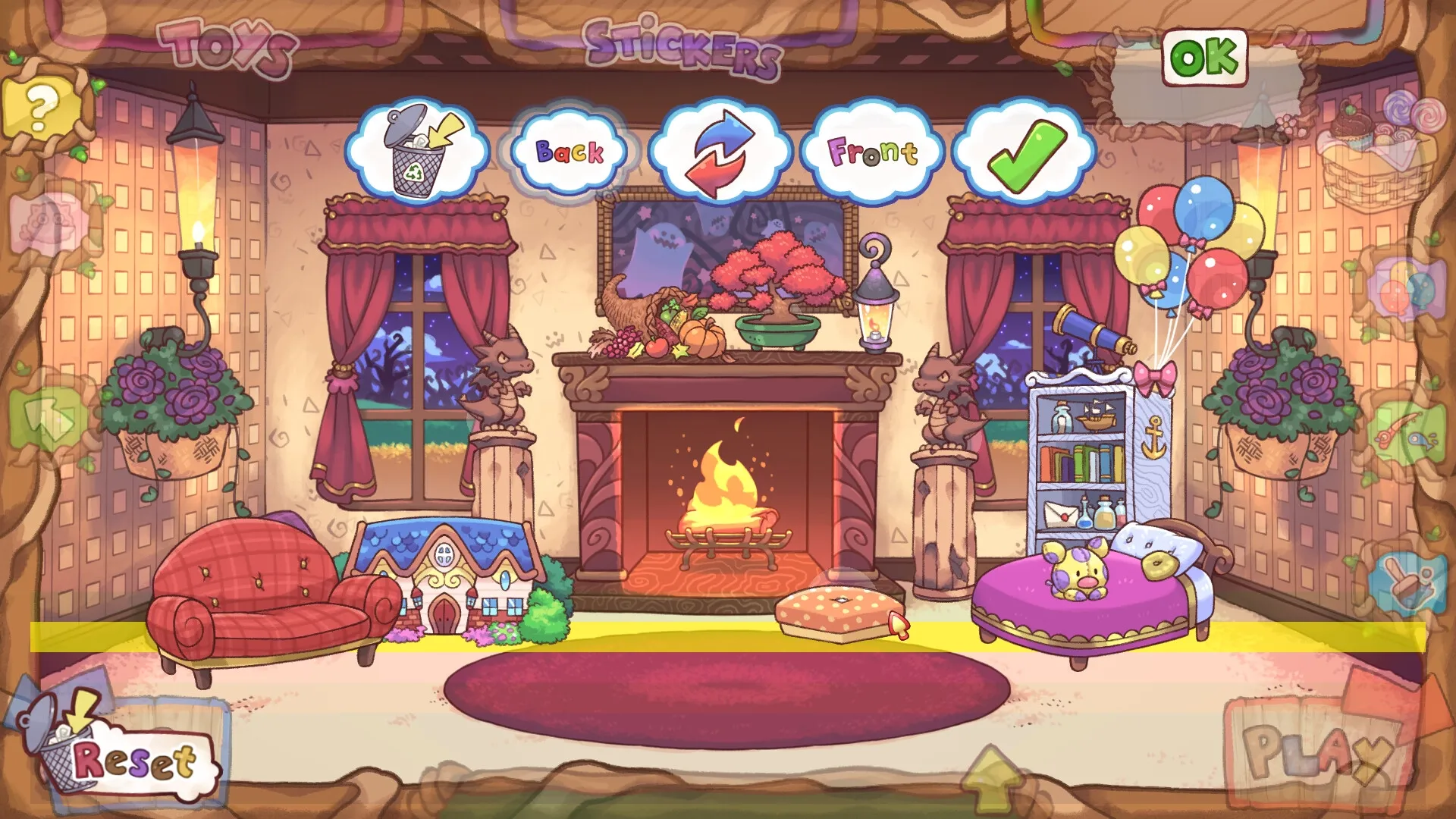 Spoofs Playland: Cozy living room with fireplace, stickers menu, plush toys, and decorative elements