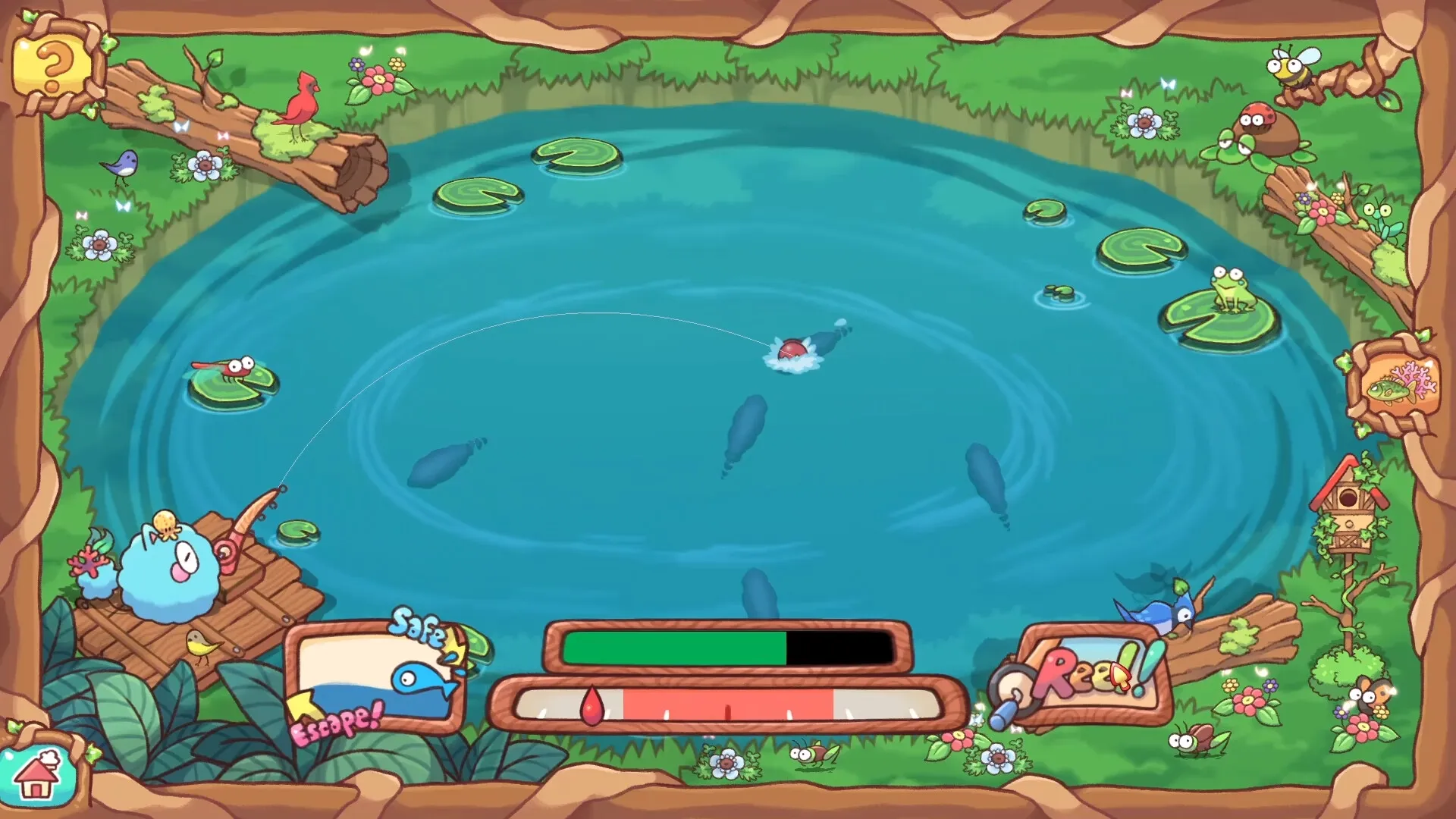 Spoofs Playland: Fishing minigame with blue Spoof on dock, serene pond, and colorful nature setting