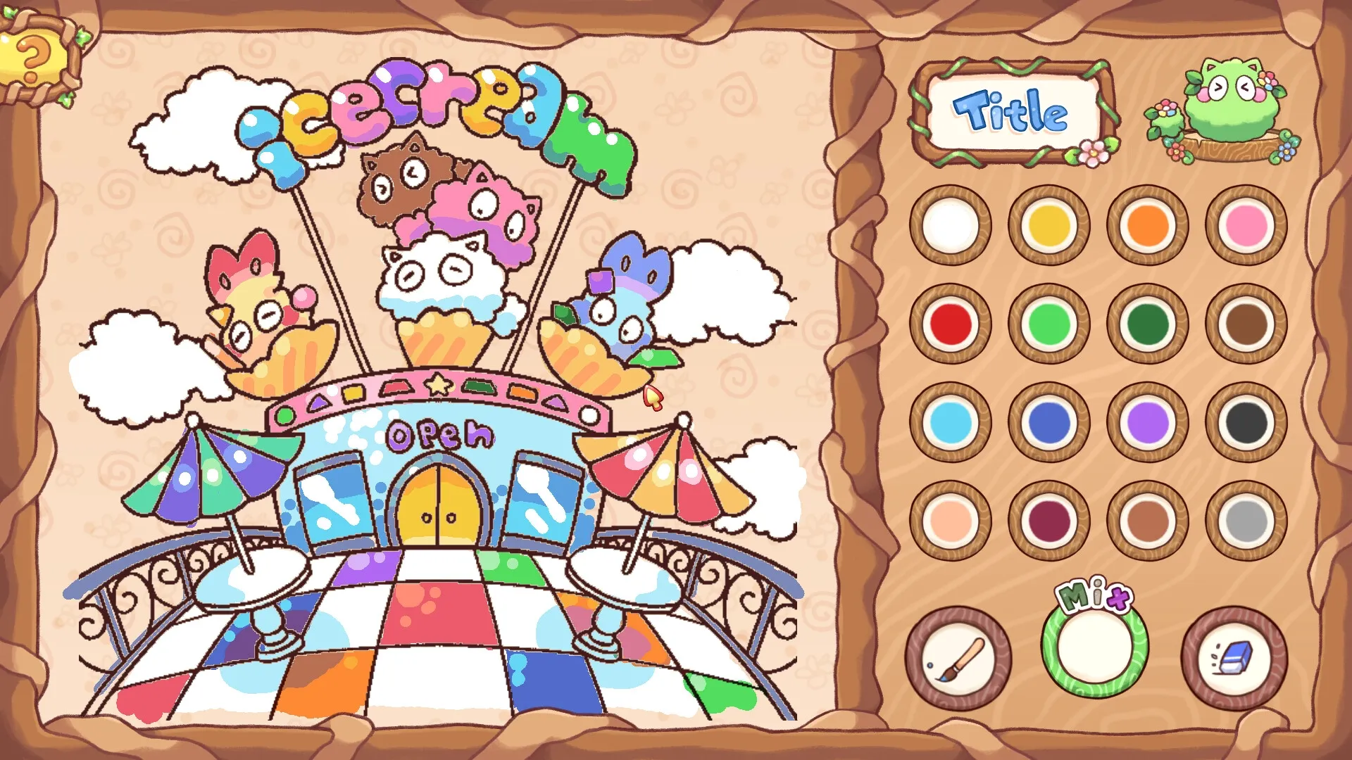 Spoofs Playland: Paint shop interface with colorful Spoofs on ice cream cones and a palette on the right