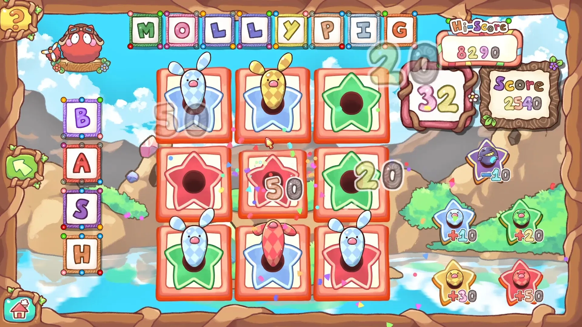 Spoofs Playland: Whack-a-mole minigame with colorful Spoofs, scores, and star bonuses in forest setting