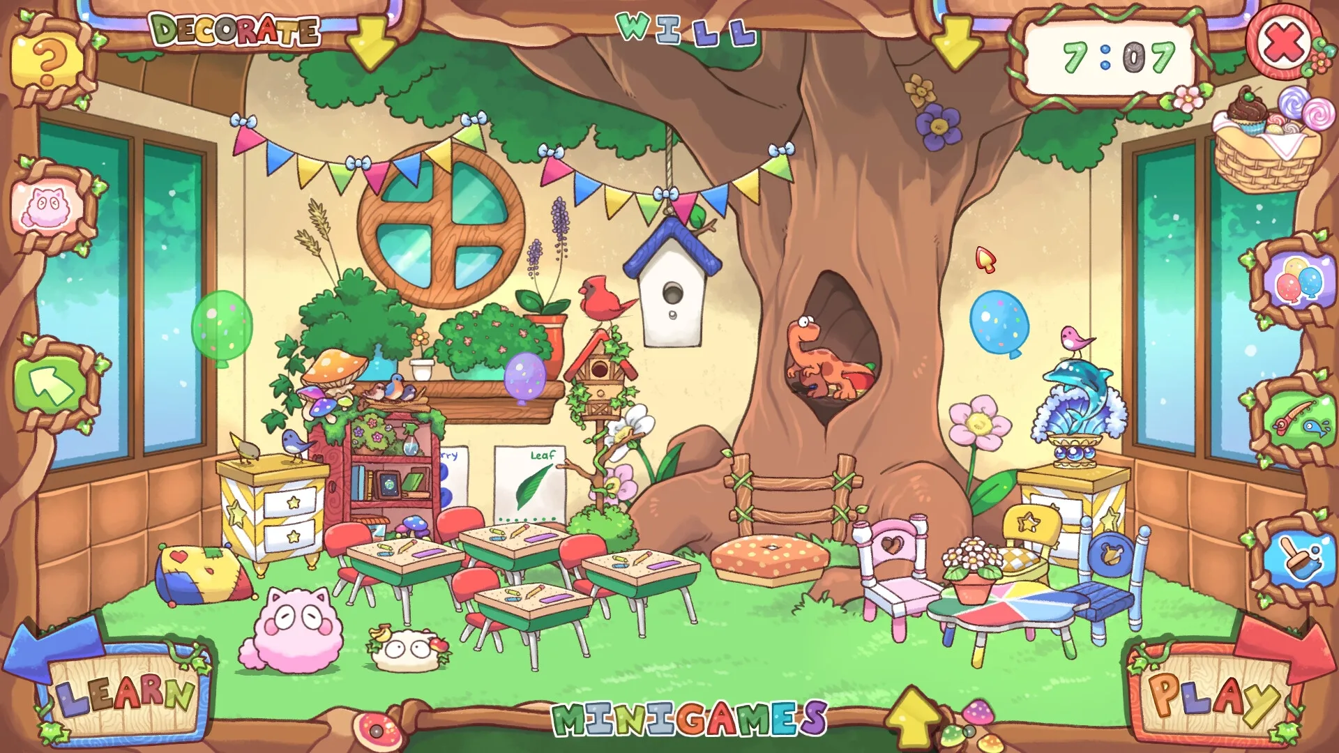 Spoofs Playland: Classroom setting with colorful decorations and Spoofs exploring near a large tree.