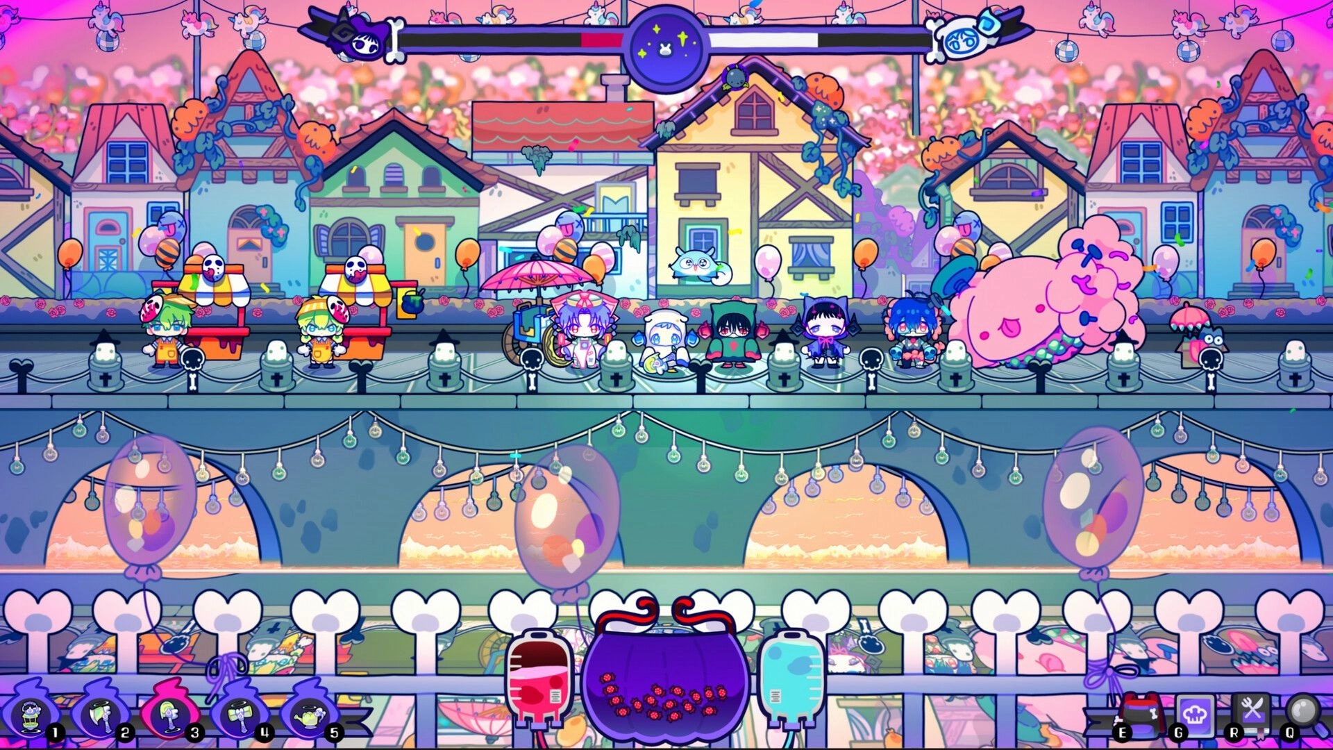 Spookitchen: Characters serve ghostly customers on a colorful bridge with festive decorations.