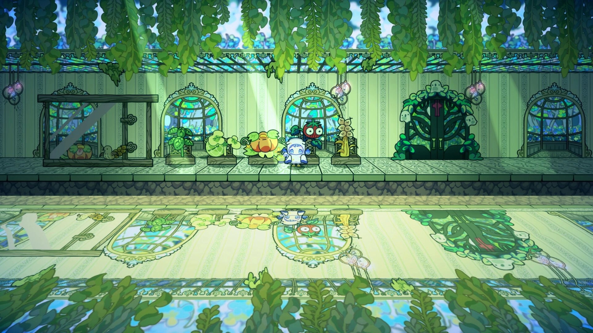 Spookitchen: Ghost character explores greenhouse with plants and ornate stained glass windows