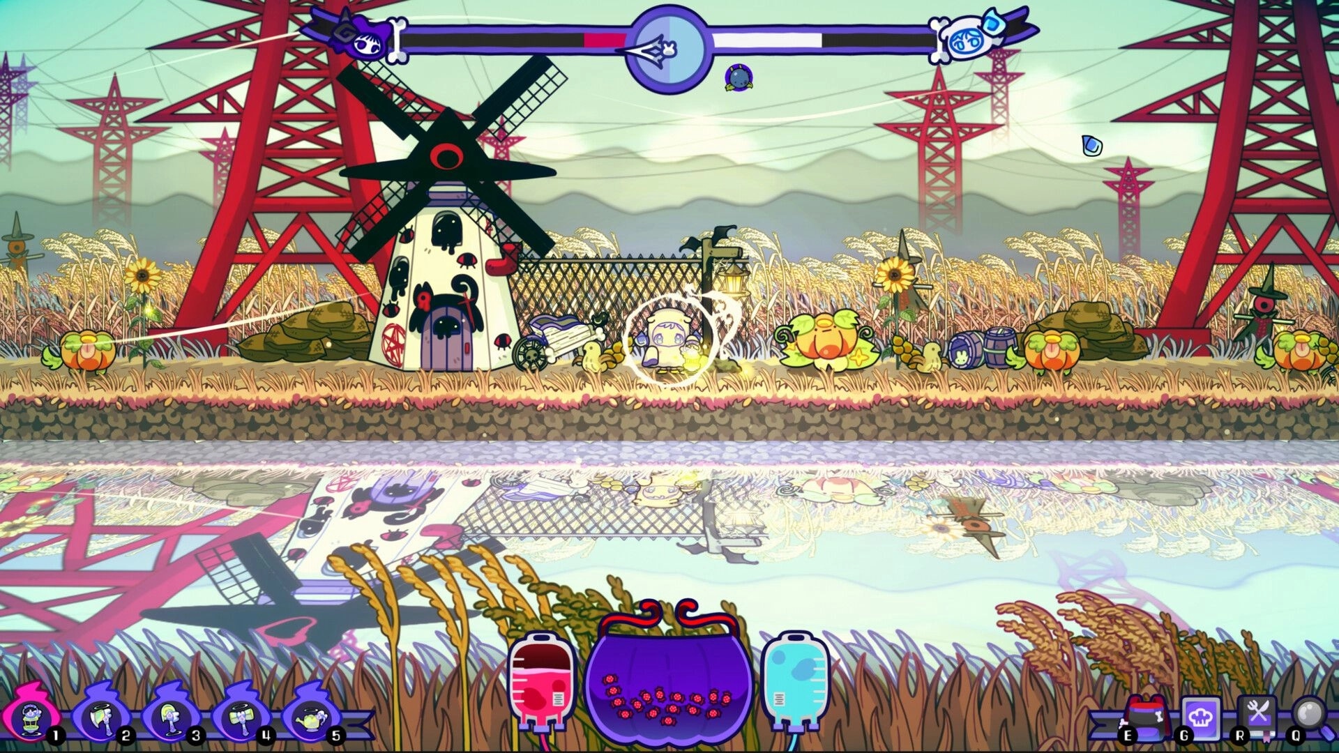 Spookitchen: Character exploring Poltergeist Forest with windmill backdrop and UI elements visible