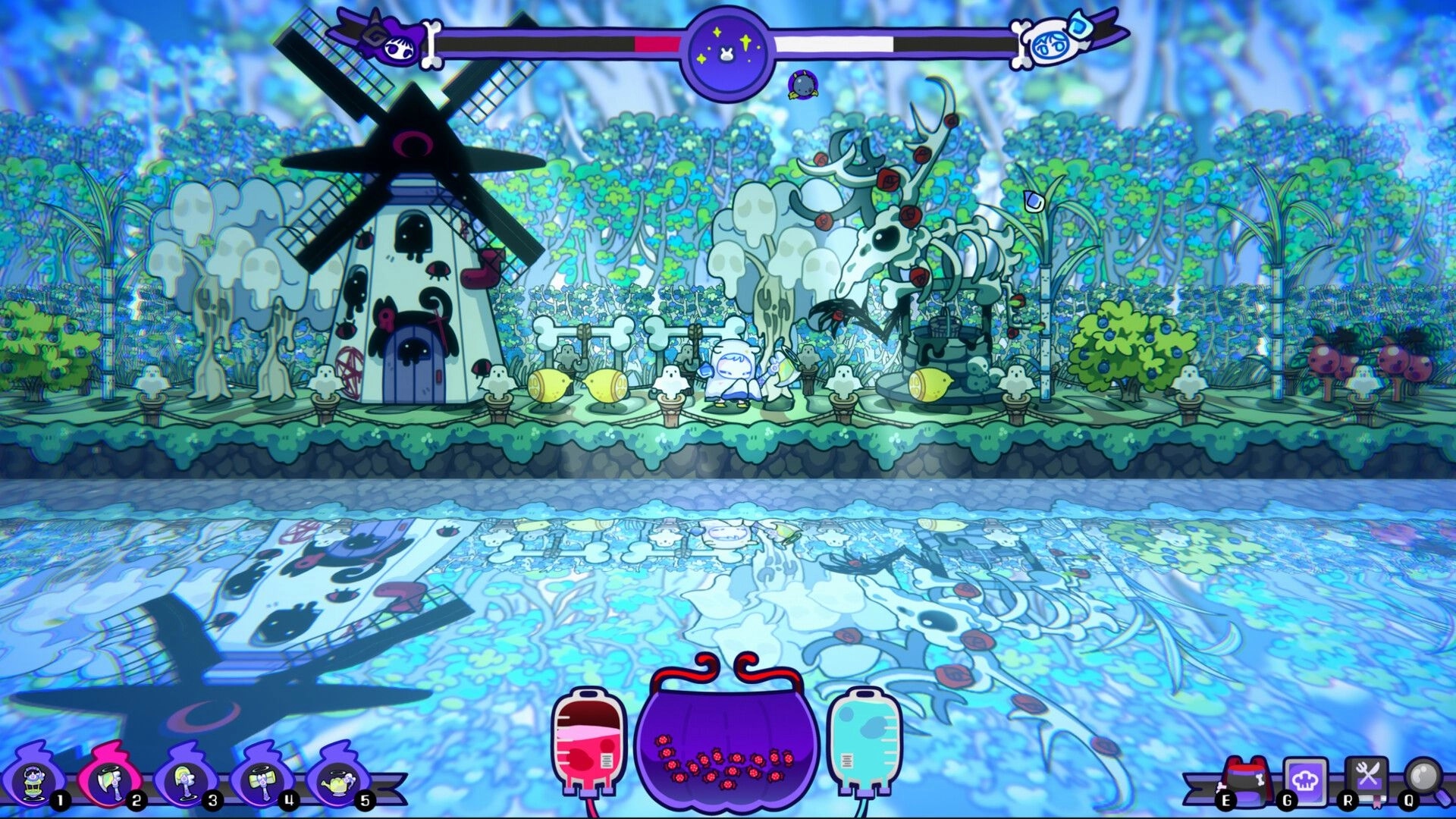 Spookitchen: Player character gathers ingredients near a haunted windmill in Poltergeist Forest.