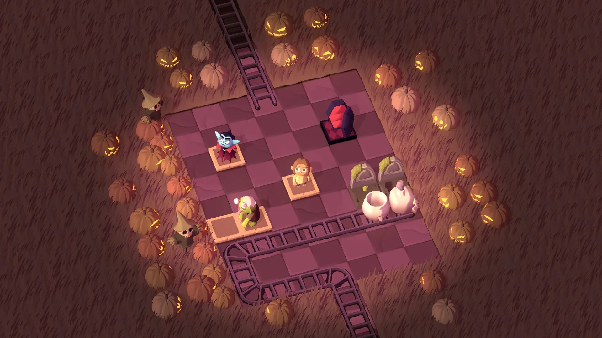 Spooky Express: Monsters on a grid with jack-o'-lanterns and tracks in a haunted pumpkin patch setting