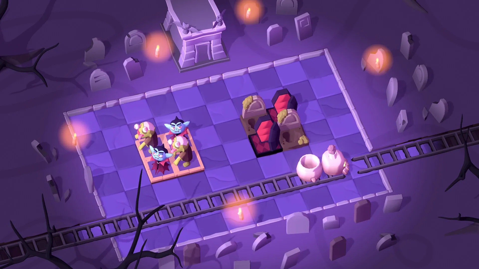 Spooky Express: Monsters on a grid with tombstones and train tracks in eerie graveyard setting