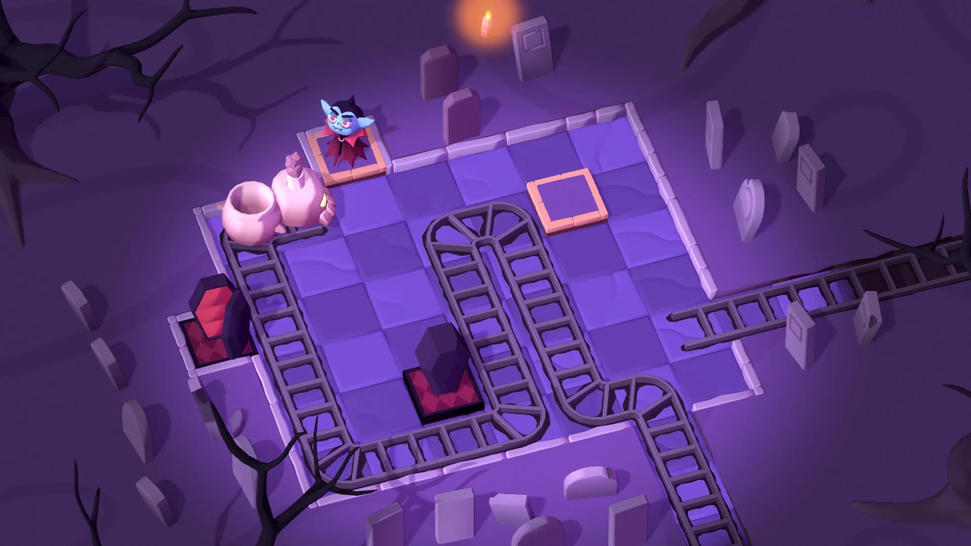 Spooky Express: Vampire planning route on graveyard-themed puzzle board with curved train tracks