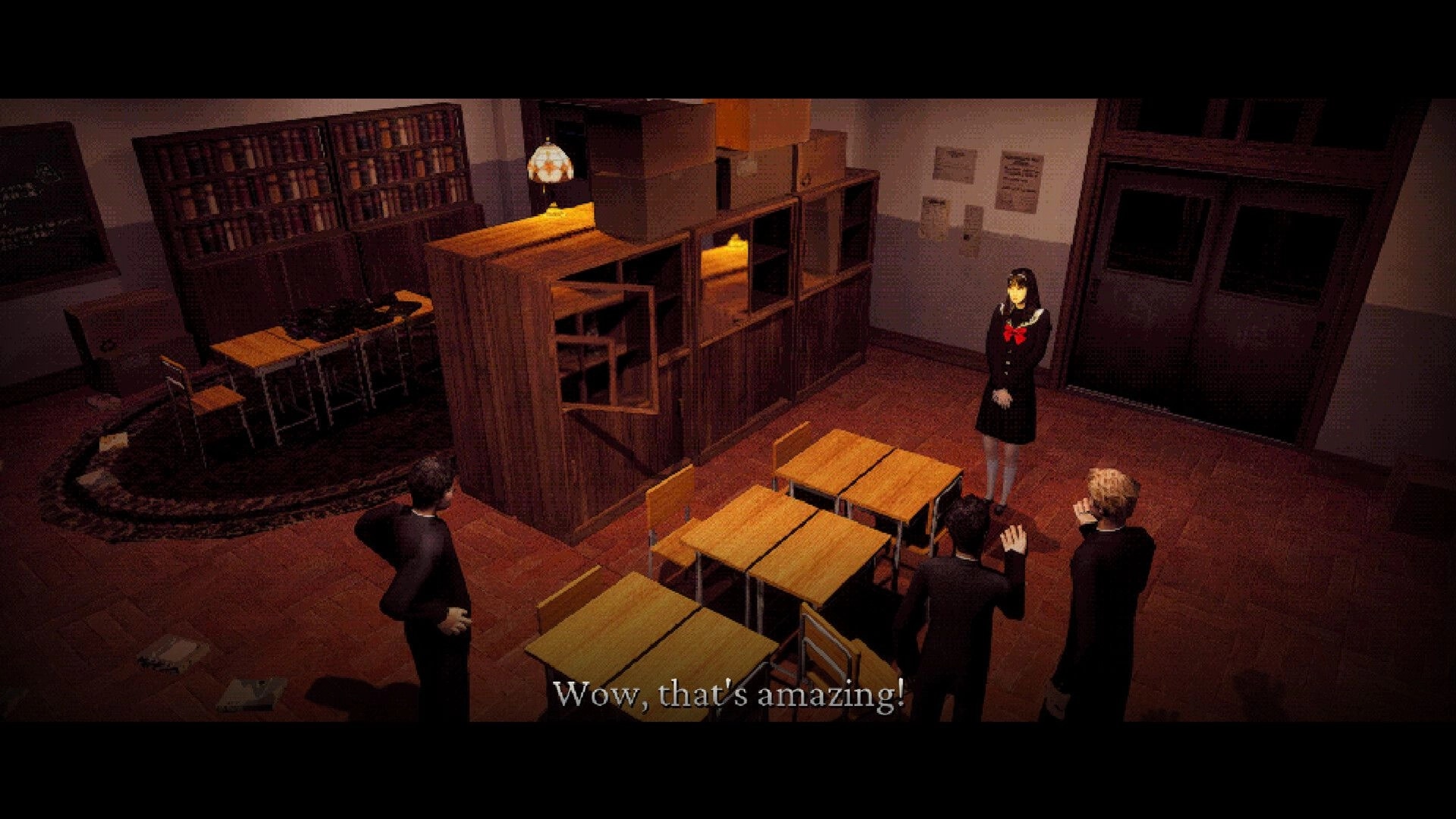 Spooky Tales: Dialogue scene with schoolgirl facing three boys in a dim classroom with subtitles.