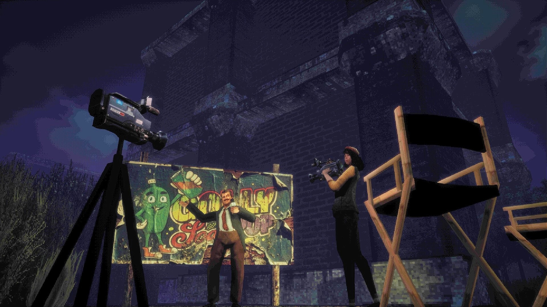 Spooky Tales: Film crew records a man posing by graffiti wall outside a dark brick building at night.