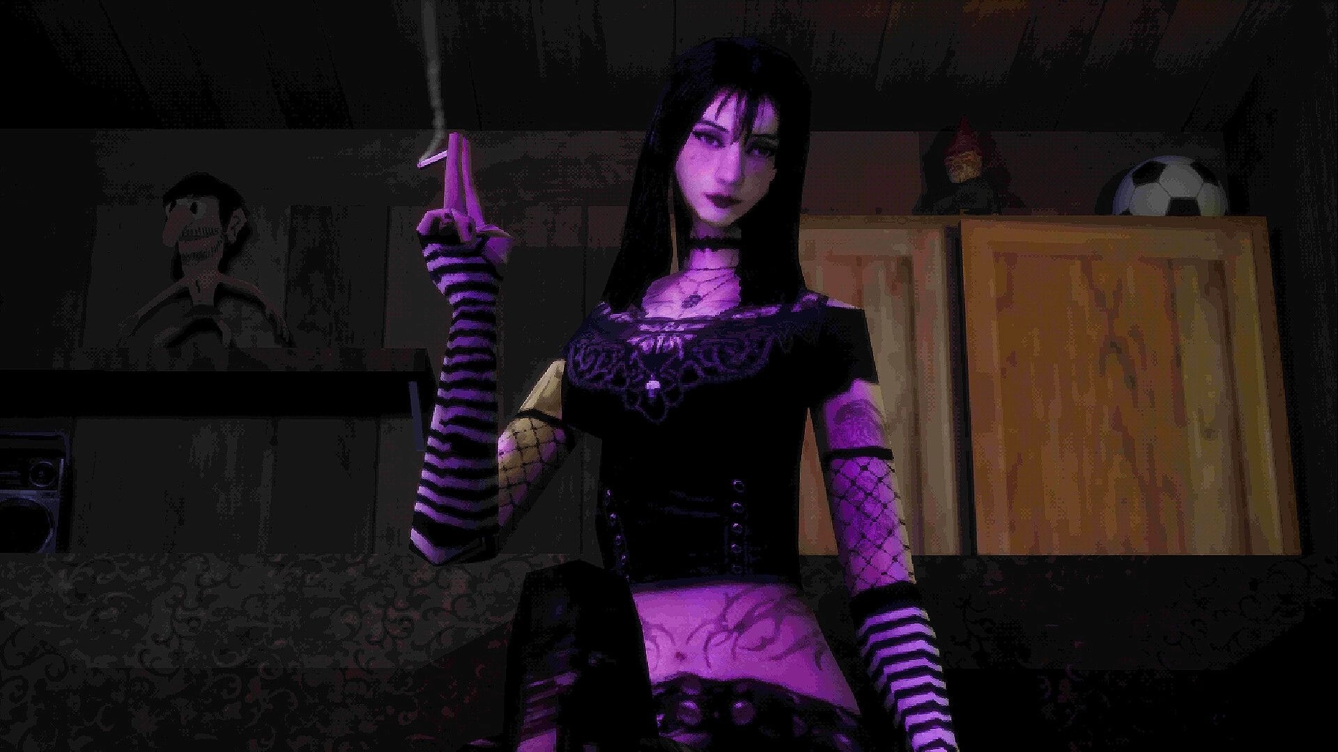 Spooky Tales: Goth woman raises a pistol in a dim room with couch, cabinets, and soccer ball.