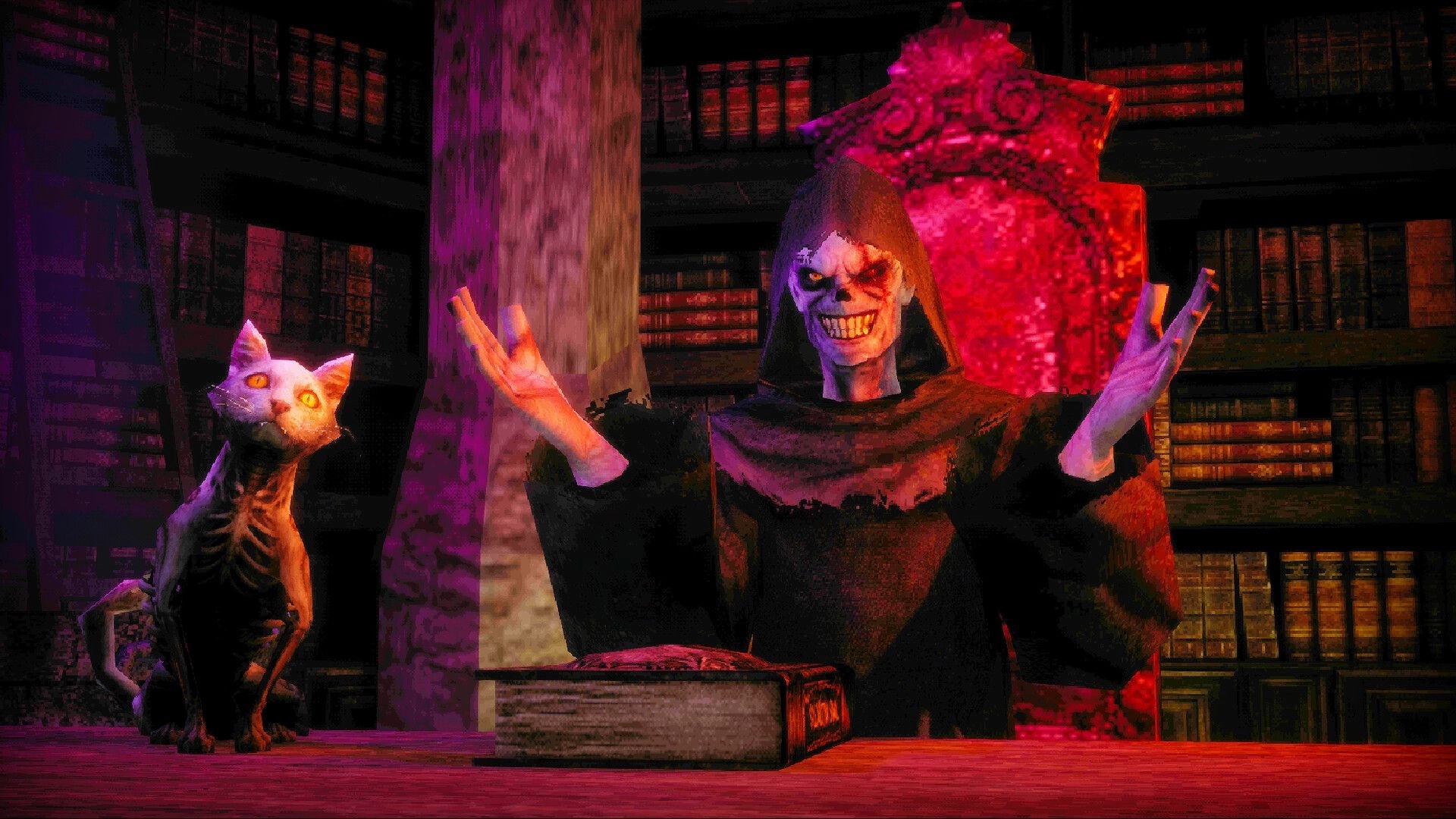 Spooky Tales: Grinning hooded skeleton raises hands beside a bony cat in a haunted library room.