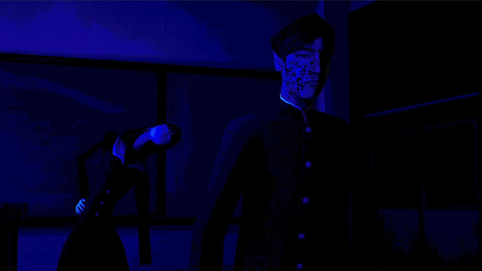 Spooky Tales: Blood-smeared schoolboy stands by a window as another student slumps in blue-lit room.