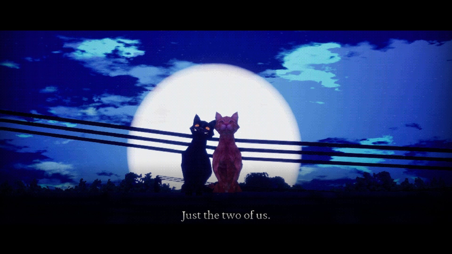 Spooky Tales: Two cats silhouetted on power lines before a huge full moon, subtitle text below.