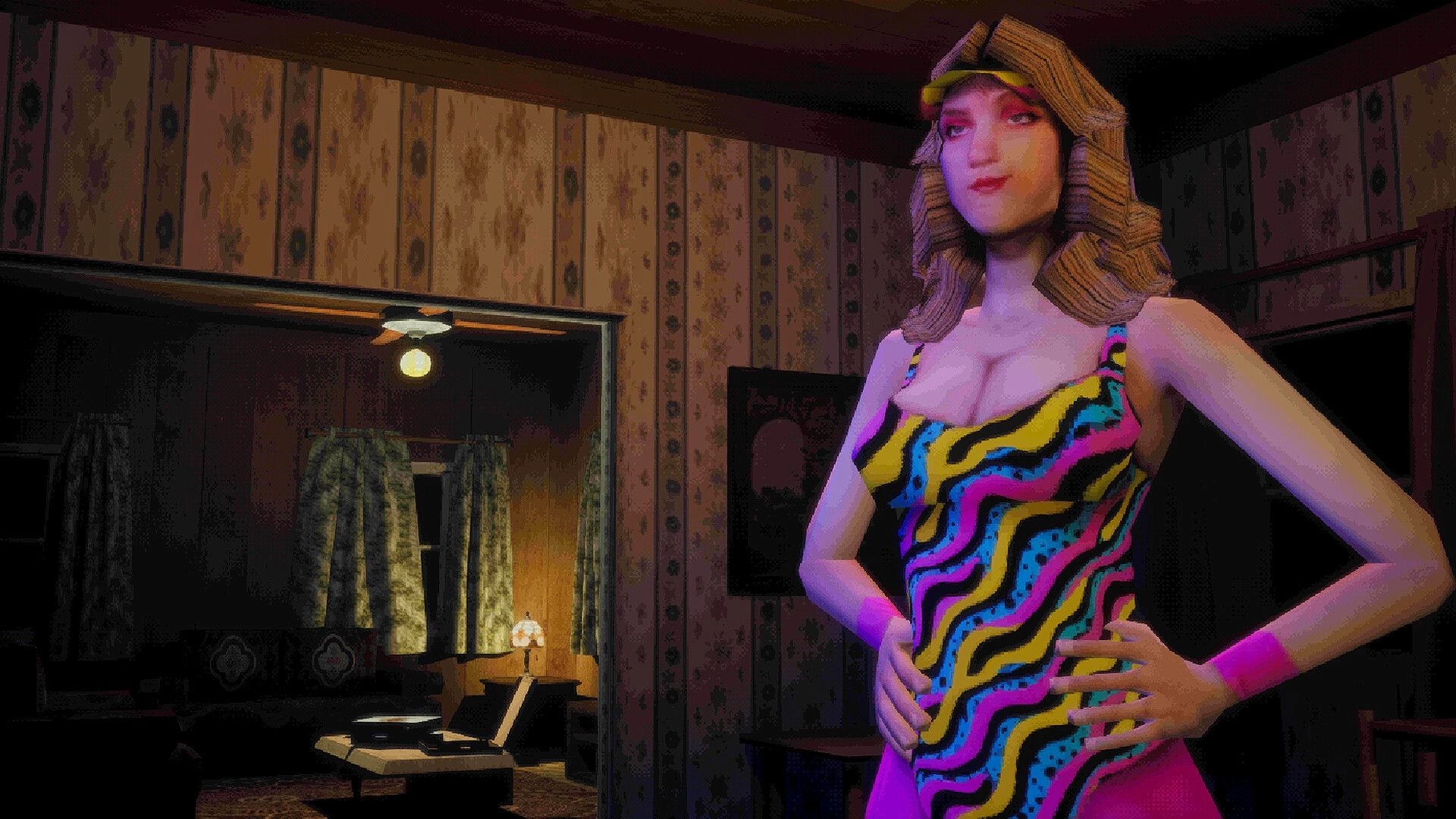 Spooky Tales: Woman in colorful dress poses in a dim wood-paneled room with doorway and lamp behind.