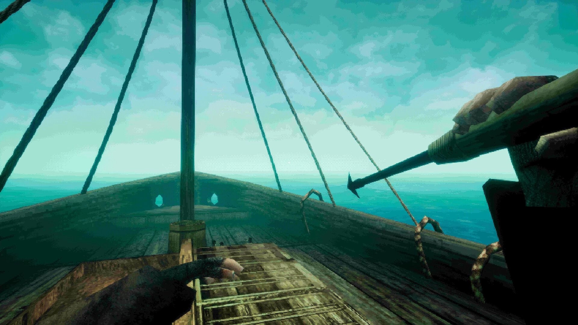 Spooky Tales: First-person view holding a spear on a wooden ship deck at sea under cloudy skies.