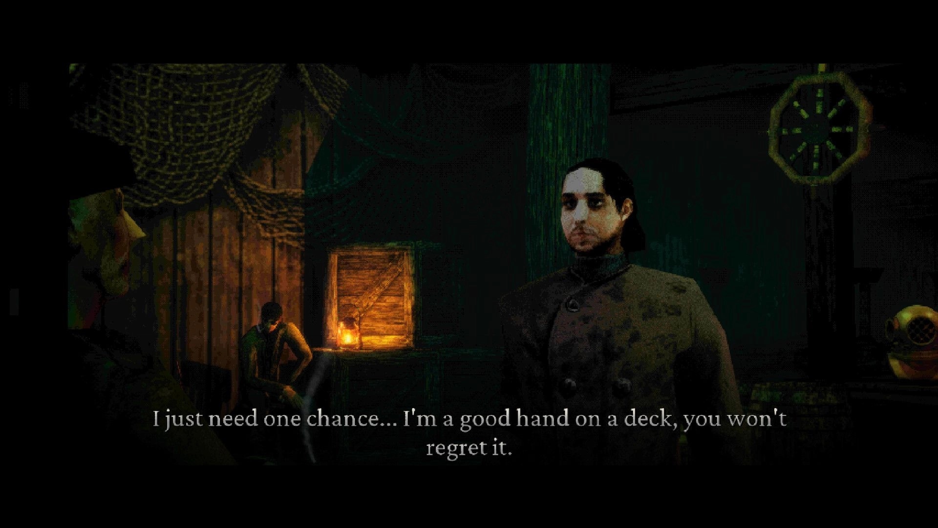 Spooky Tales: Dialogue scene with a sailor pleading, lantern-lit ship cabin with nets and crates.