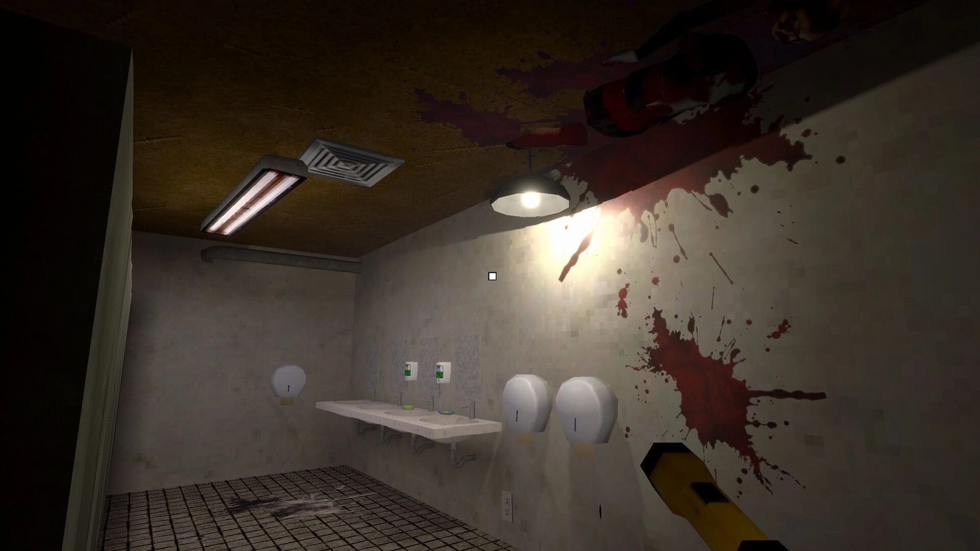 Spori: First-person view with crosshair facing blood-splattered restroom wall under flickering lights.