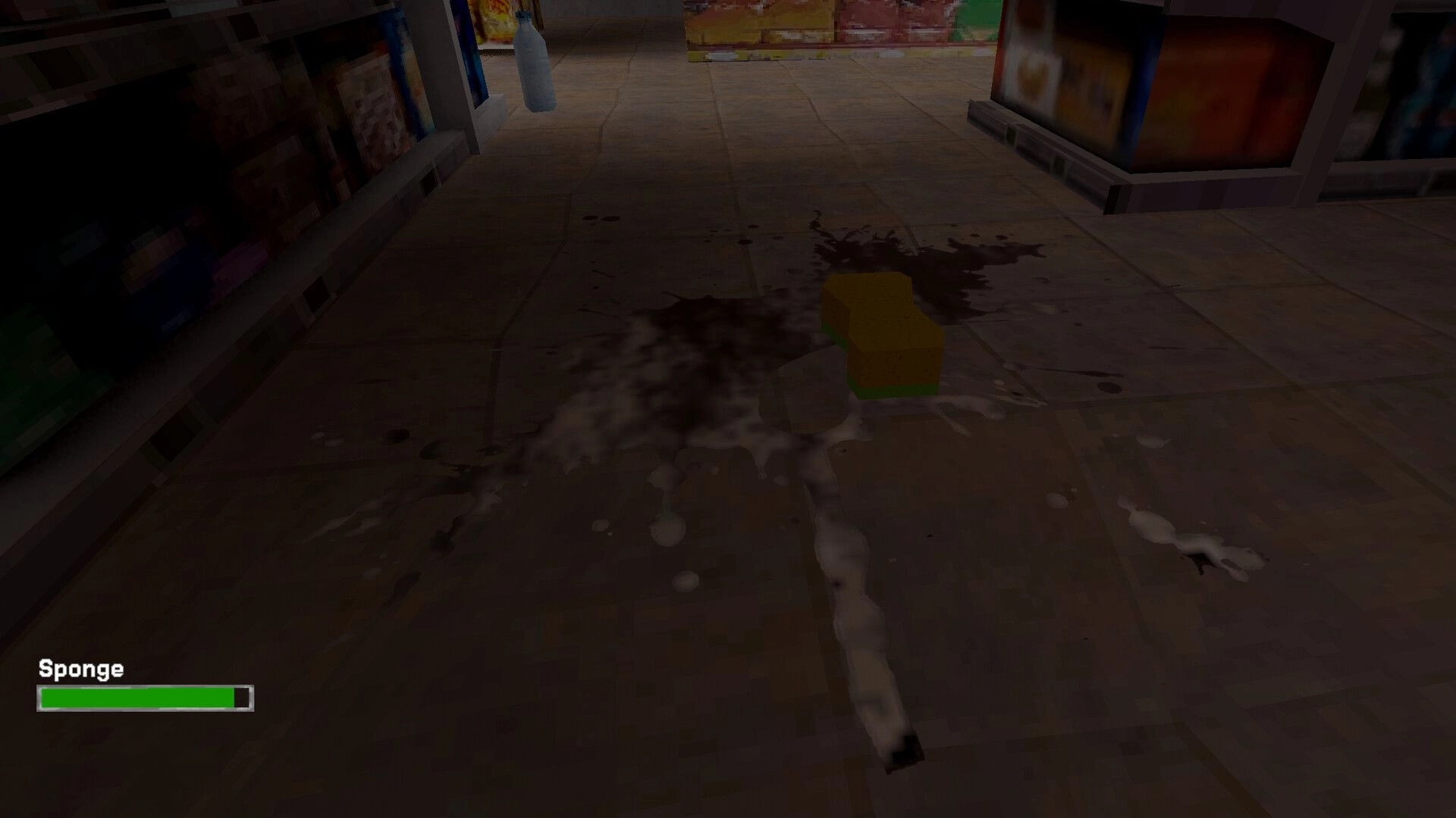 Spori: Sponge tool with green bar HUD cleaning dark spill on tiled convenience store aisle floor.