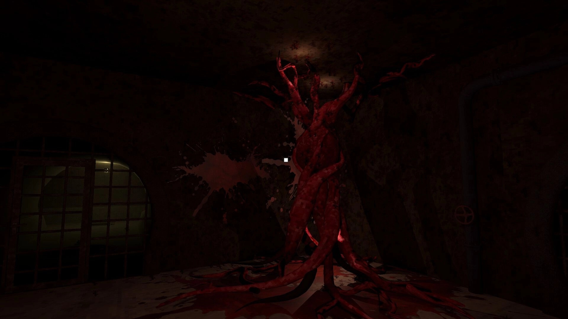 Spori: First-person view aiming at a fleshy tentacled mass in a dark, blood-smeared room.