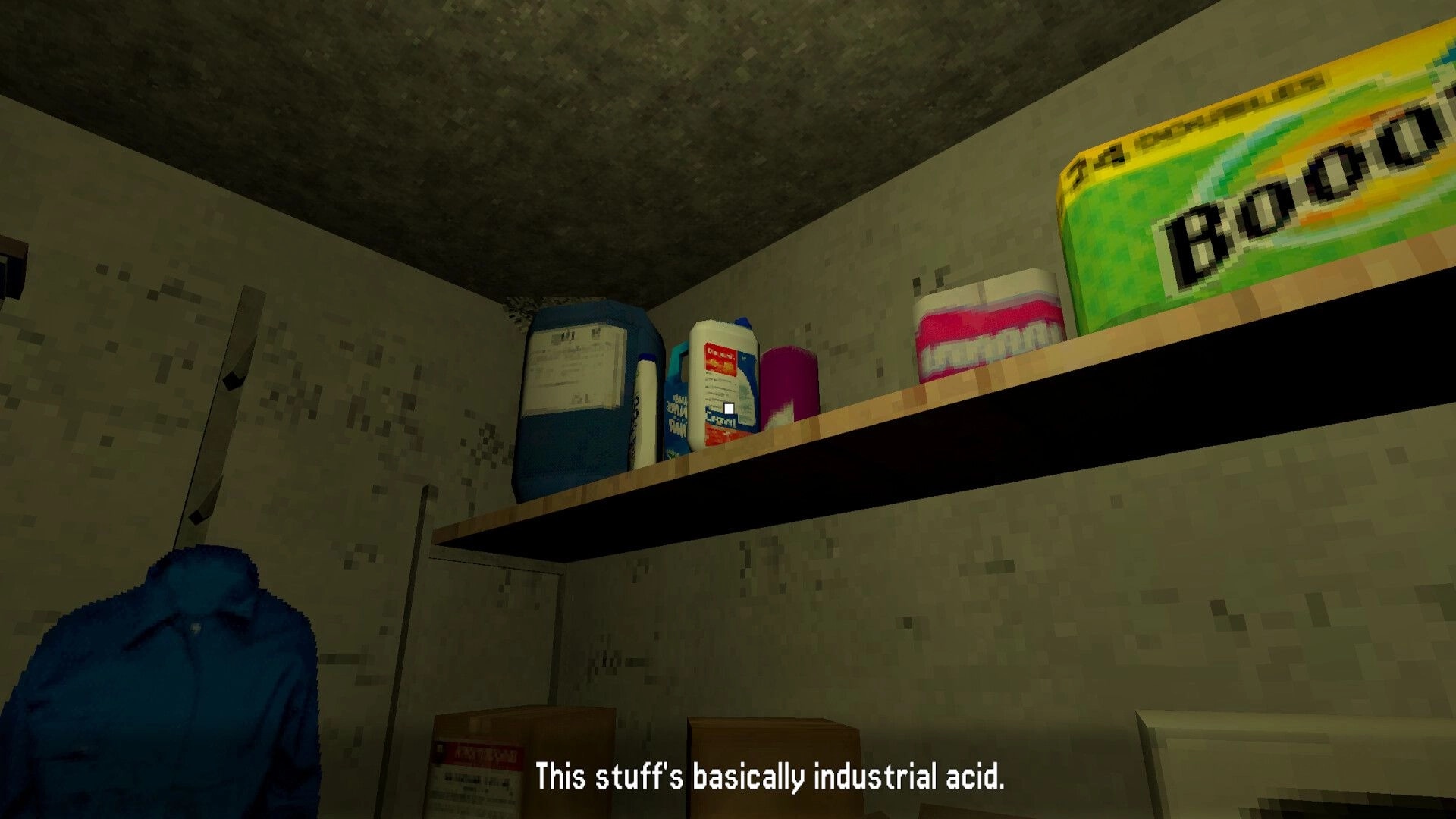 Spori: Looking up at a shelf of cleaning chemicals with subtitle text in a grimy utility closet.