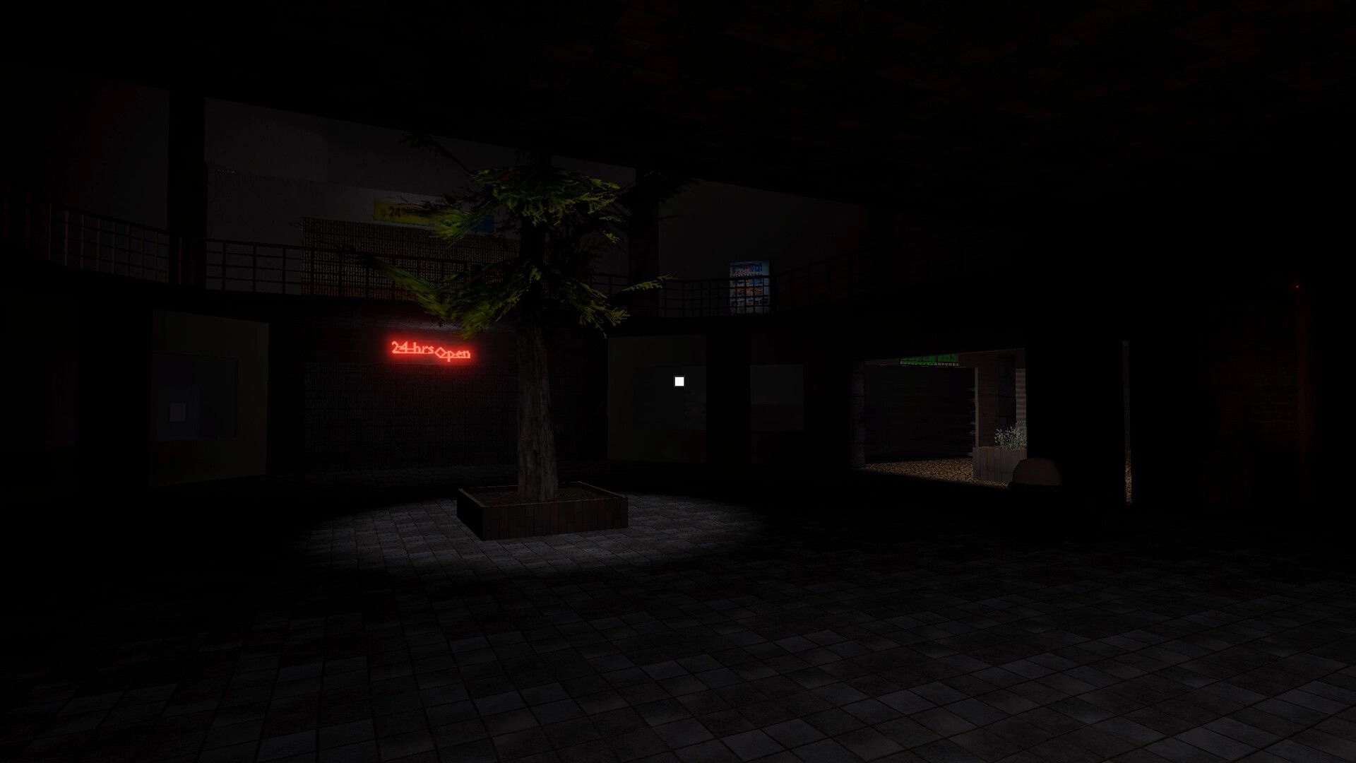 Spori: First-person view of a dark courtyard with a tree planter and red 24hrs Open neon sign.