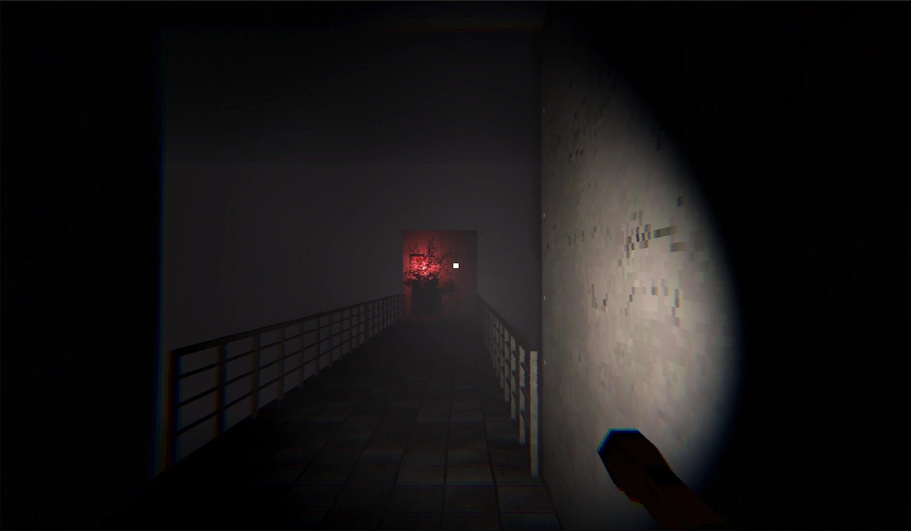 Spori: First-person view aiming flashlight down a foggy corridor toward a red-lit door in a facility hallway.