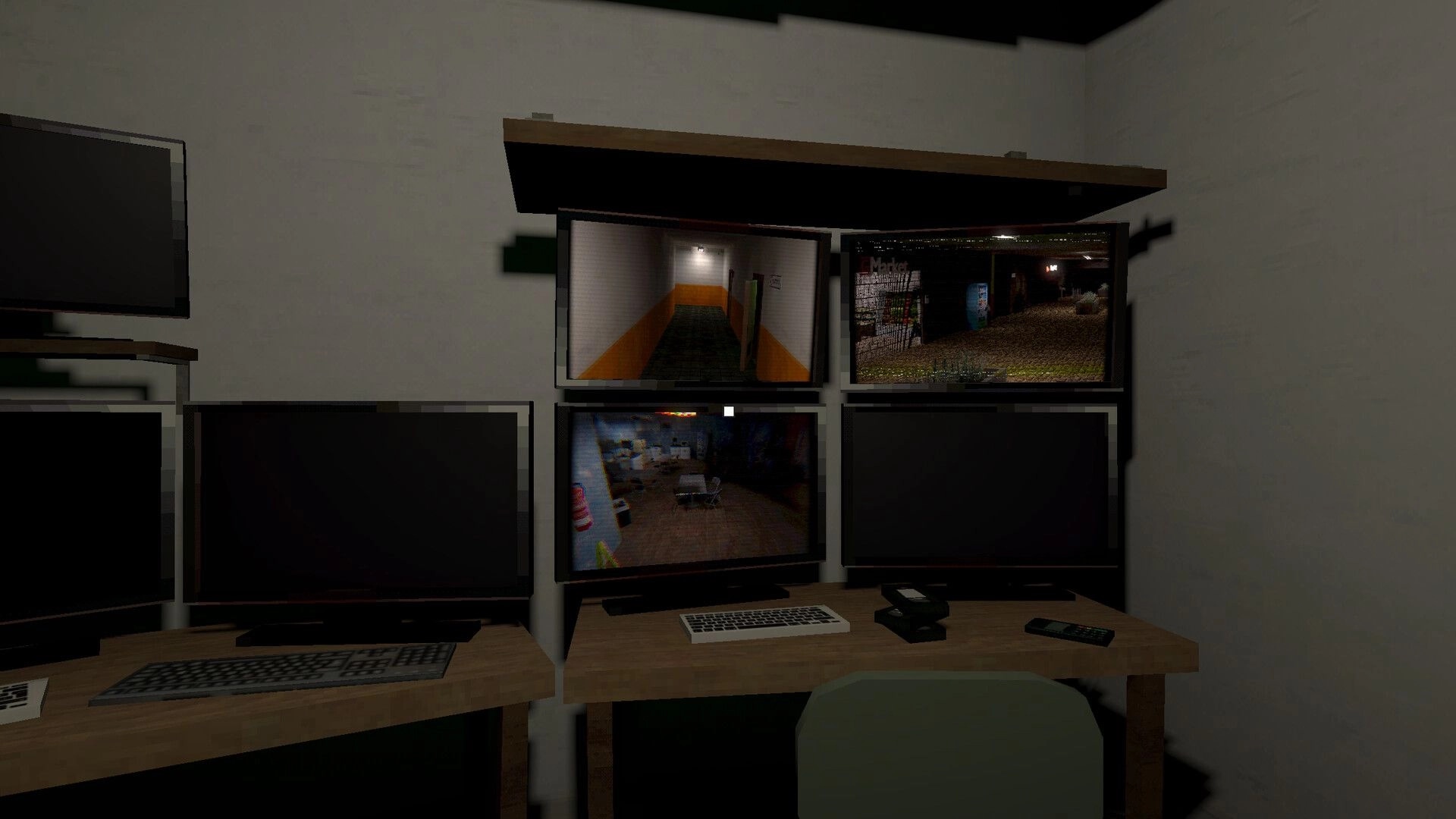 Spori: Security monitor wall with CCTV hallway feeds and desks with keyboards in a dark control room.