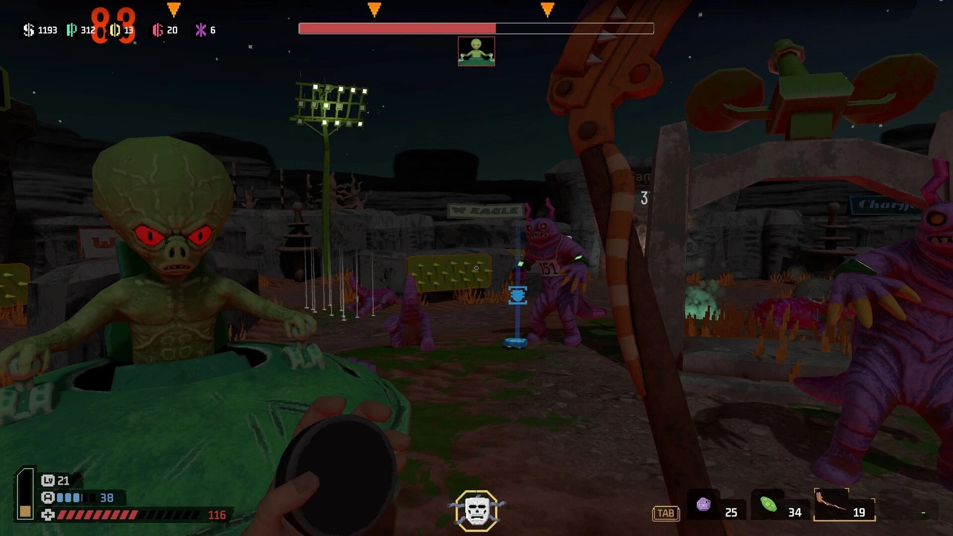 SPORTAL: First-person boss fight vs big-headed alien and purple mutants in a night arena with UI HUD.