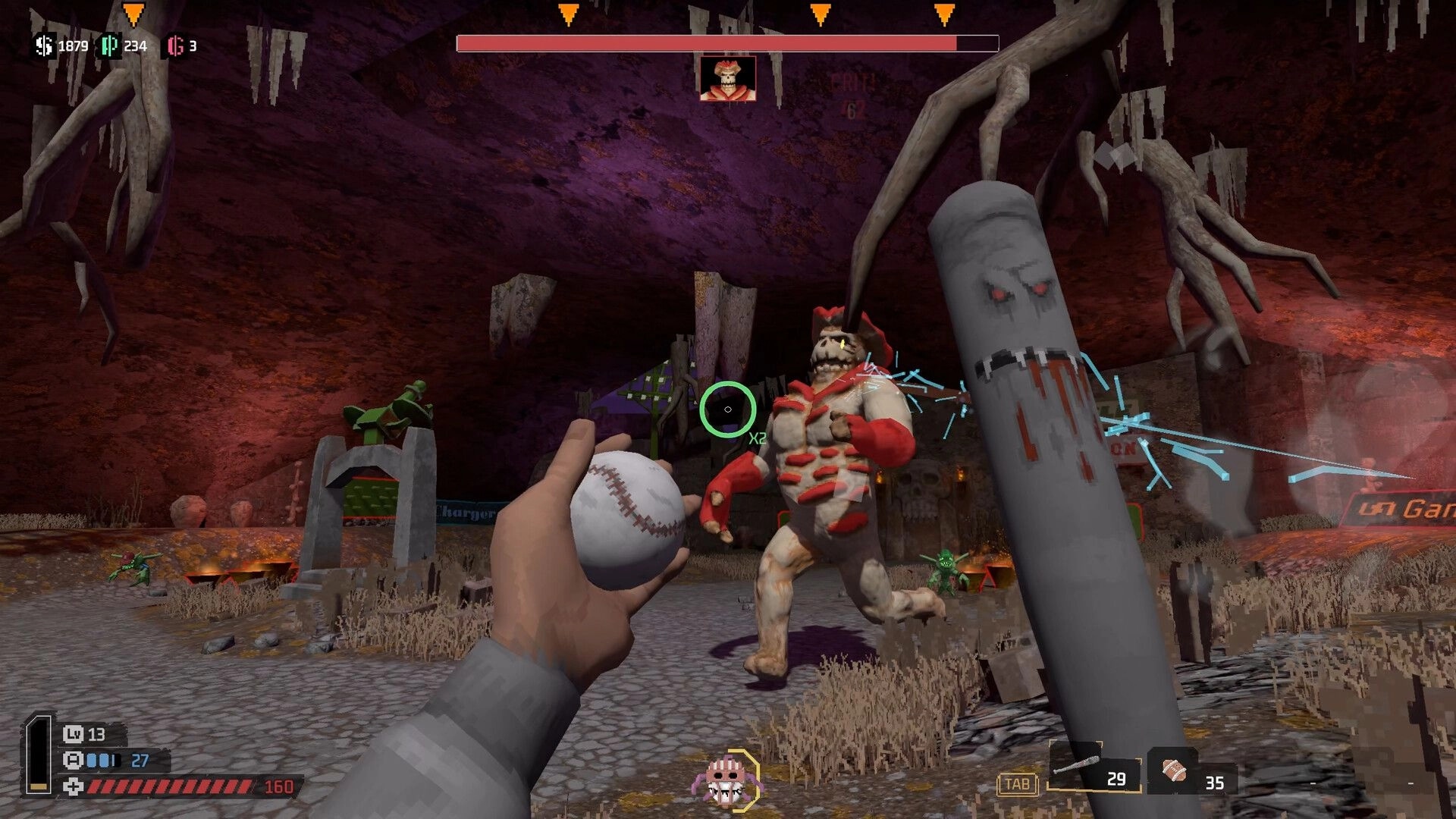 SPORTAL: Player aims a baseball at a charging monster in a cavern arena with boss health bar UI.