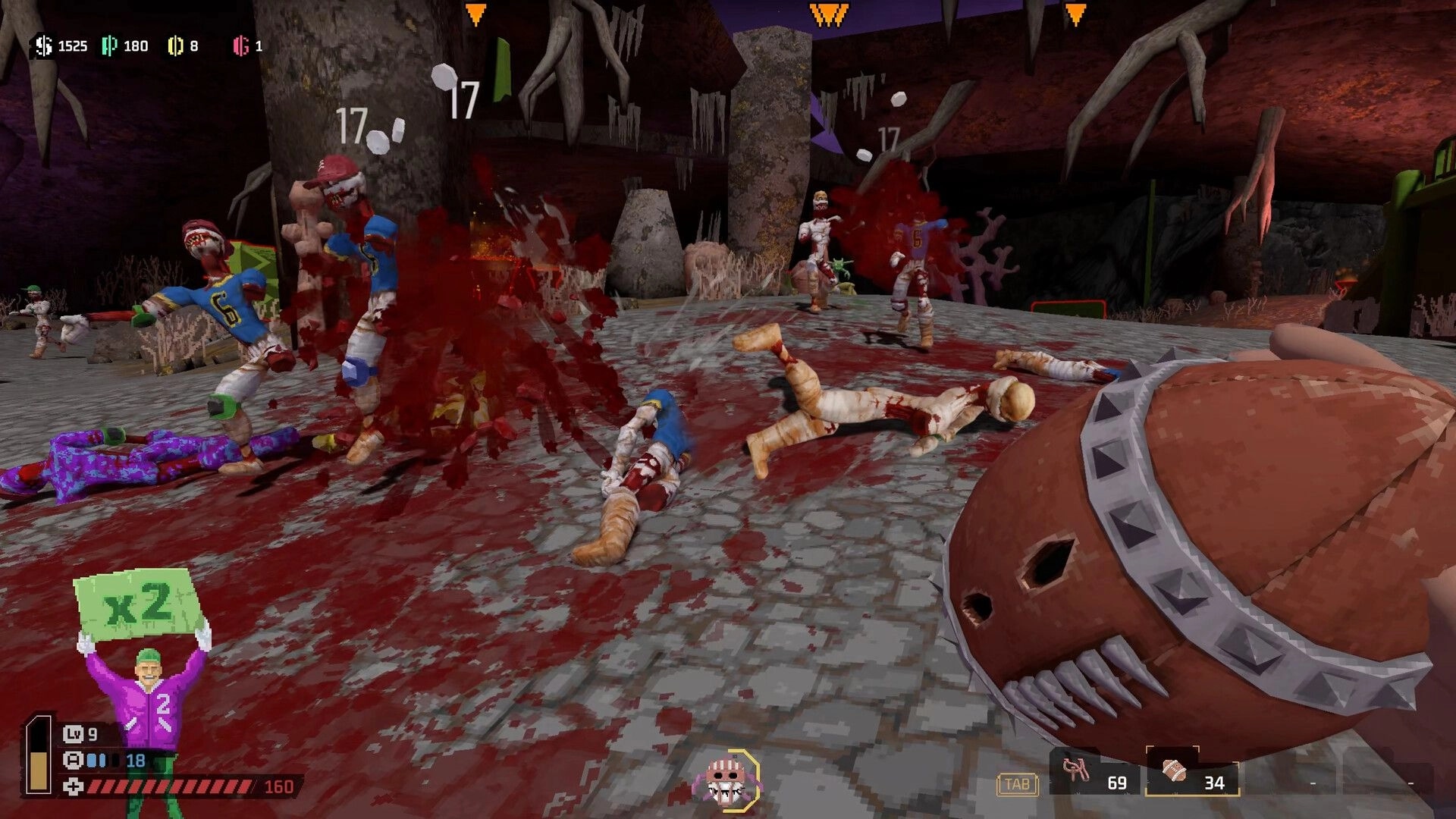 SPORTAL: First-person melee brawl with gore and downed monsters in a rocky arena, HUD visible.