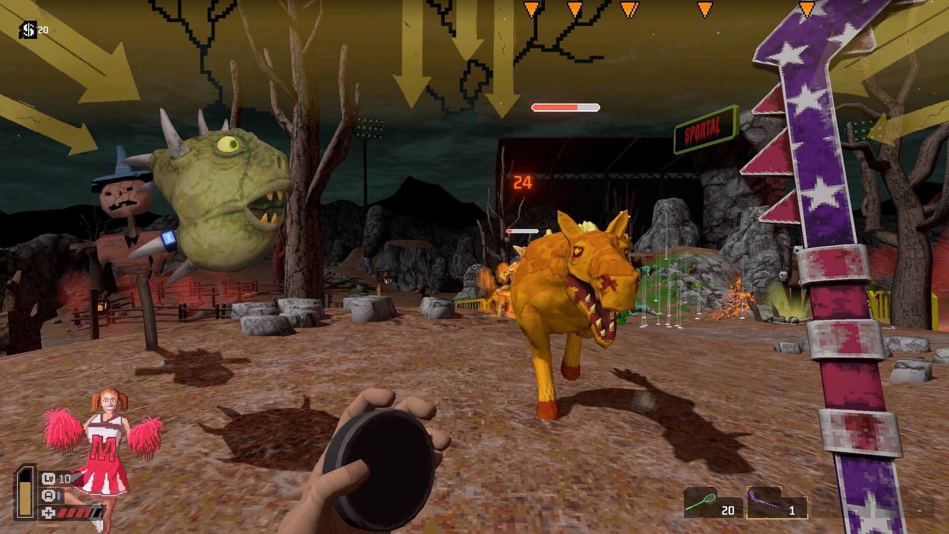 SPORTAL: First-person arena fight as a charging horned beast approaches in a spooky stadium yard.