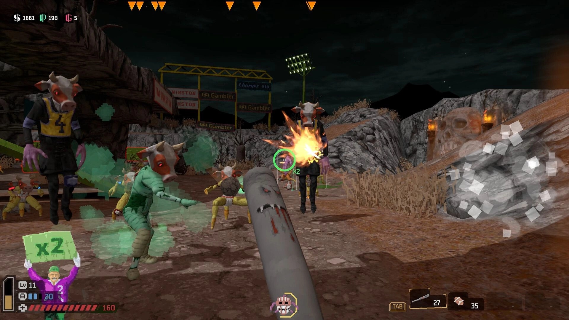 SPORTAL: First-person bat strike on cow-headed enemies in rocky arena at night with x2 combo HUD.
