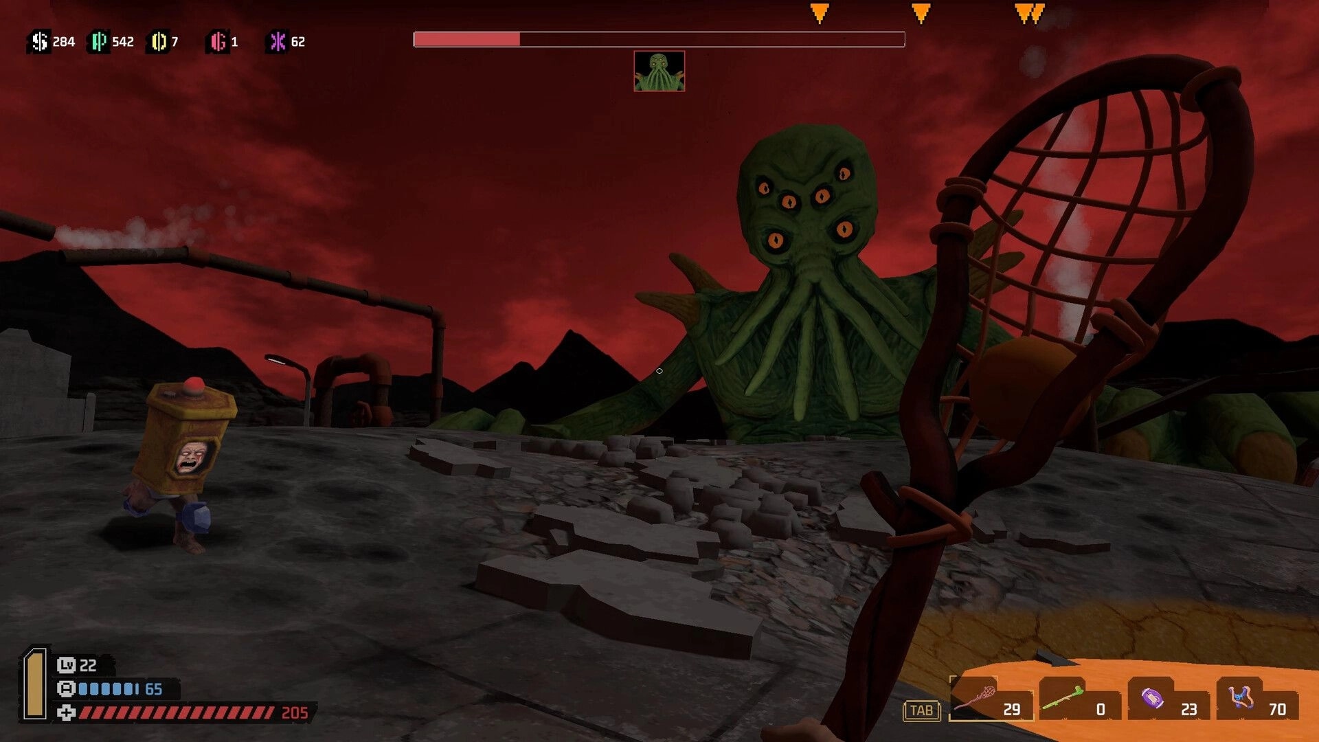SPORTAL: First-person boss fight with giant tentacled monster on a cracked arena under red sky.