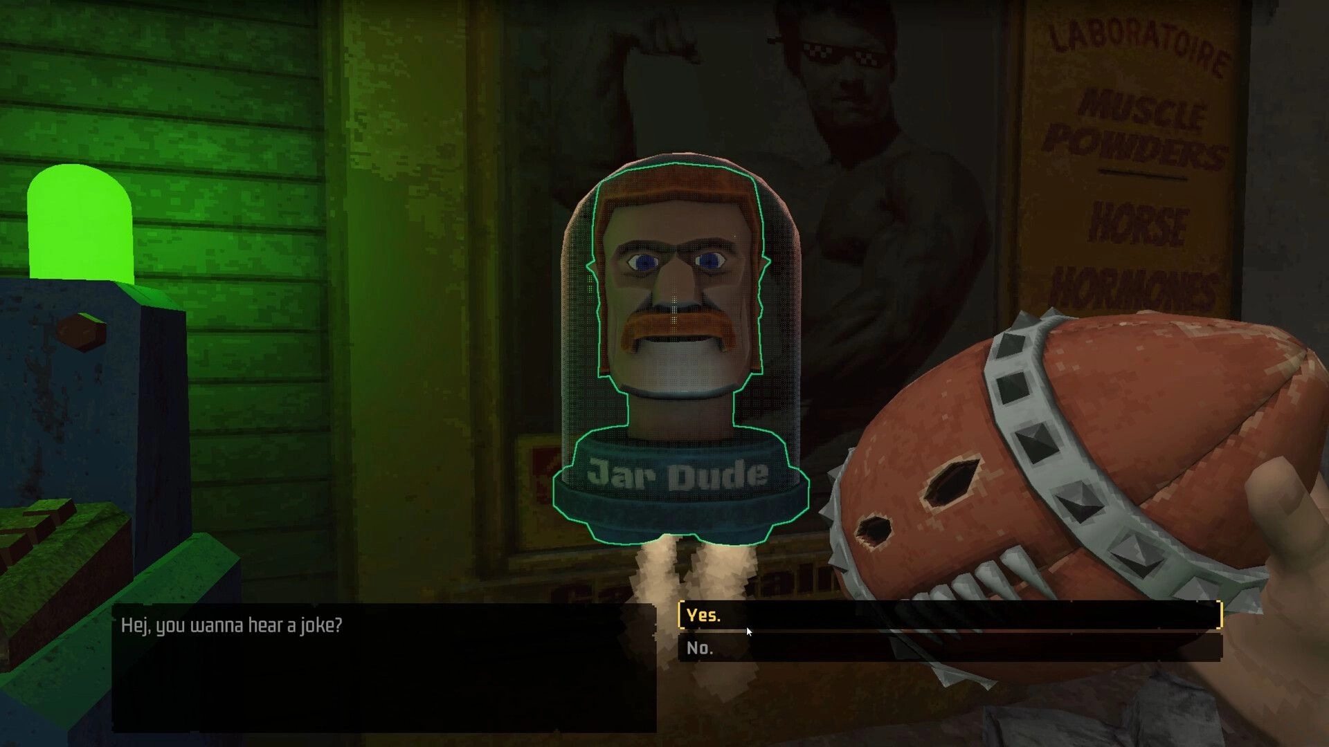 SPORTAL: Dialogue choice with Jar Dude asking a joke, yes/no options in neon-lit lab room.