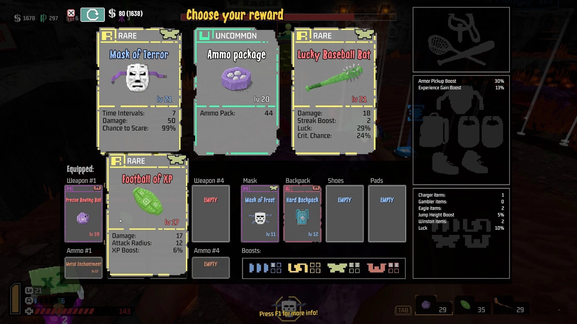SPORTAL: Choose your reward screen with item cards and equipment slots over a dark arena backdrop.