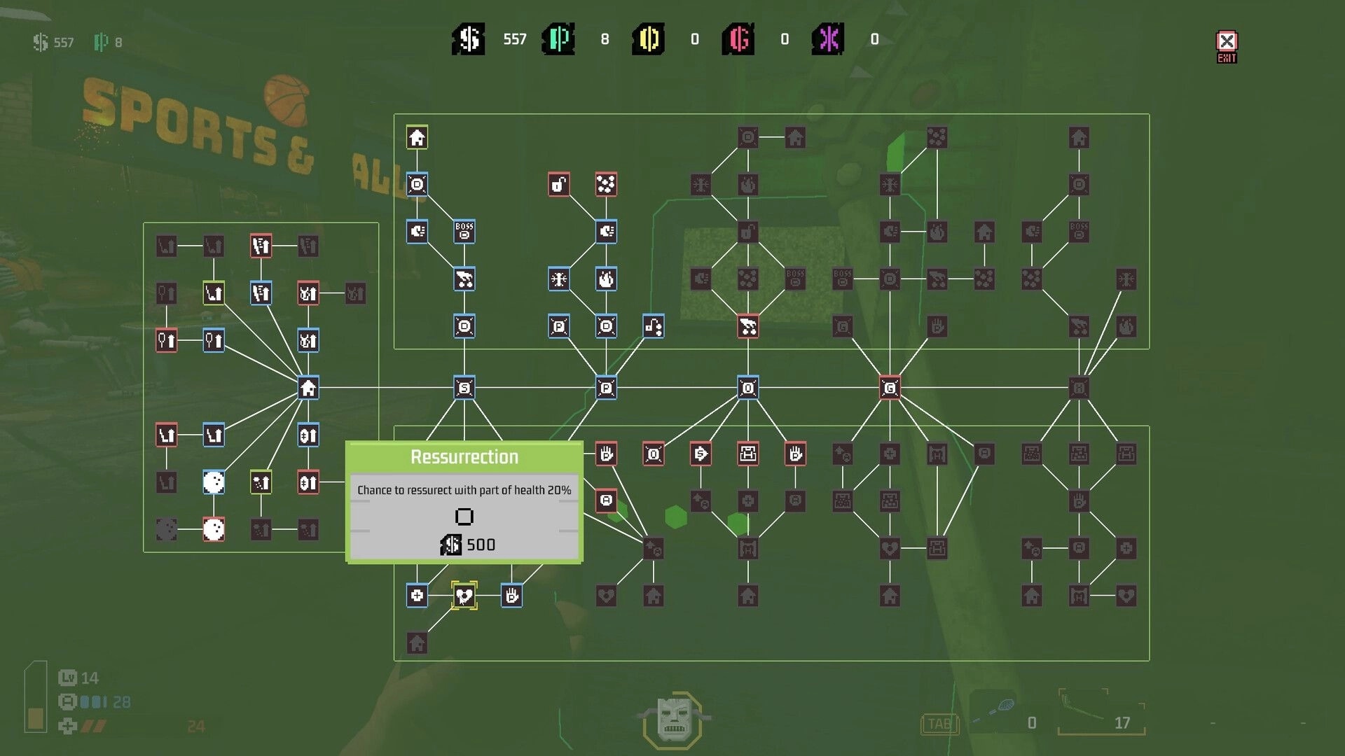 SPORTAL: Upgrade skill tree menu highlighting Resurrection perk in a green-tinted sports arena backdrop.