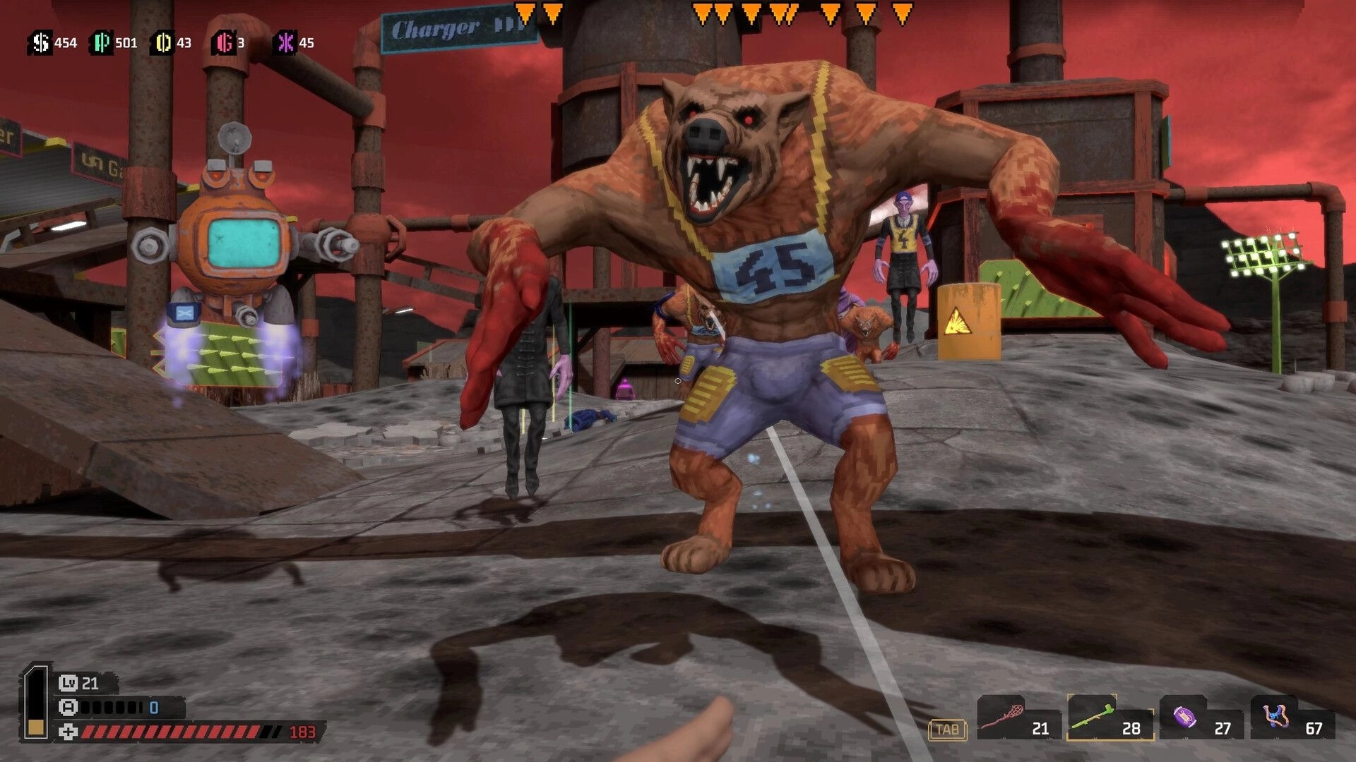 SPORTAL: Werewolf monster in jersey charges player on industrial court with HUD and weapon icons.