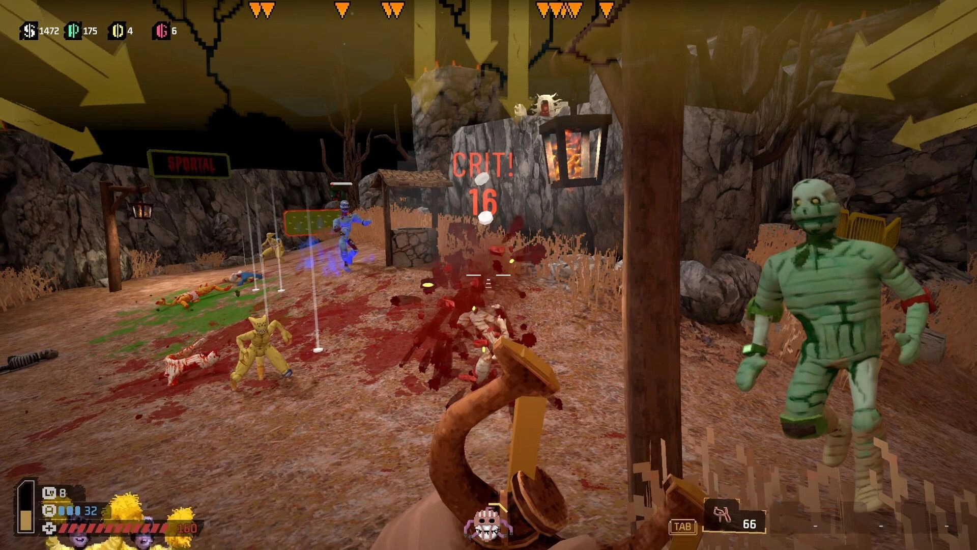 SPORTAL: First-person slingshot crit hit on monsters in rocky arena with blood splatter and HUD stats.