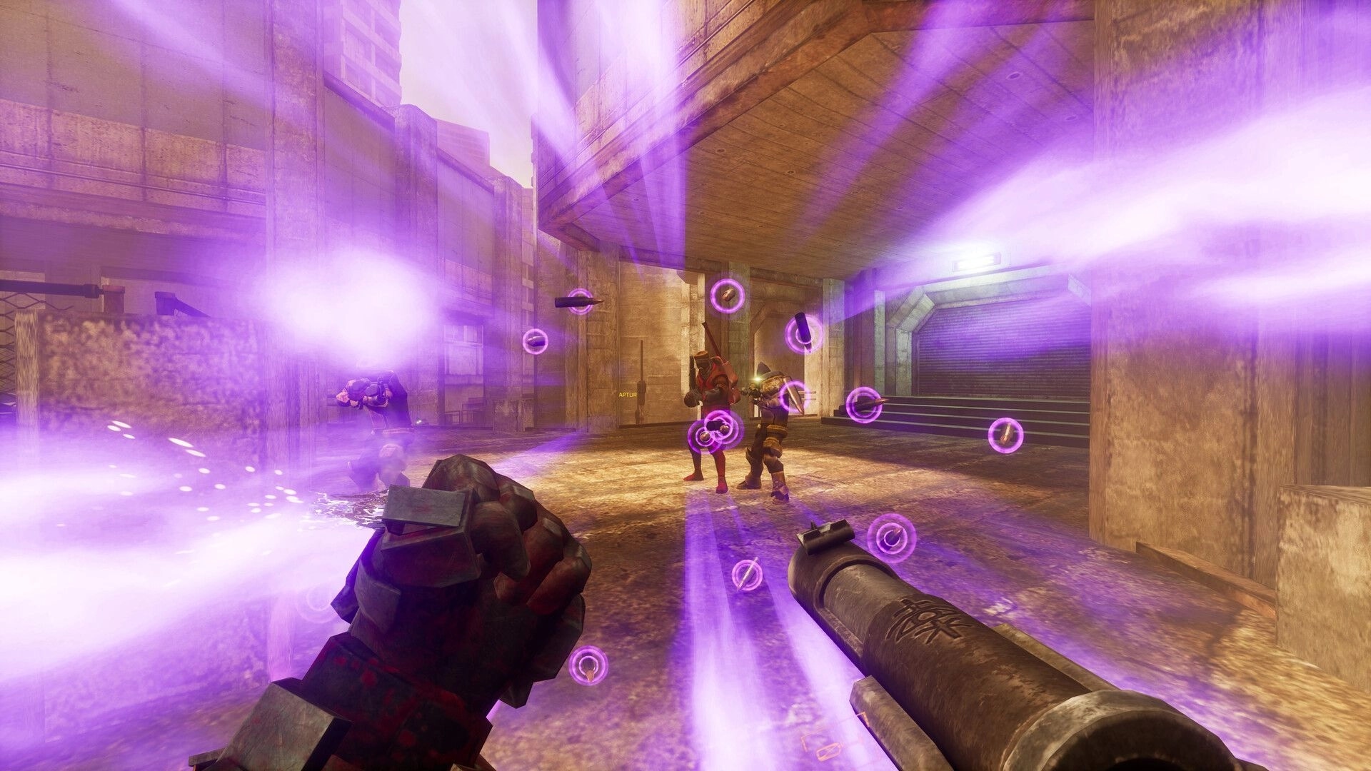 SPRAWL zero: First-person firefight with purple energy blasts and soldiers in a concrete alleyway.