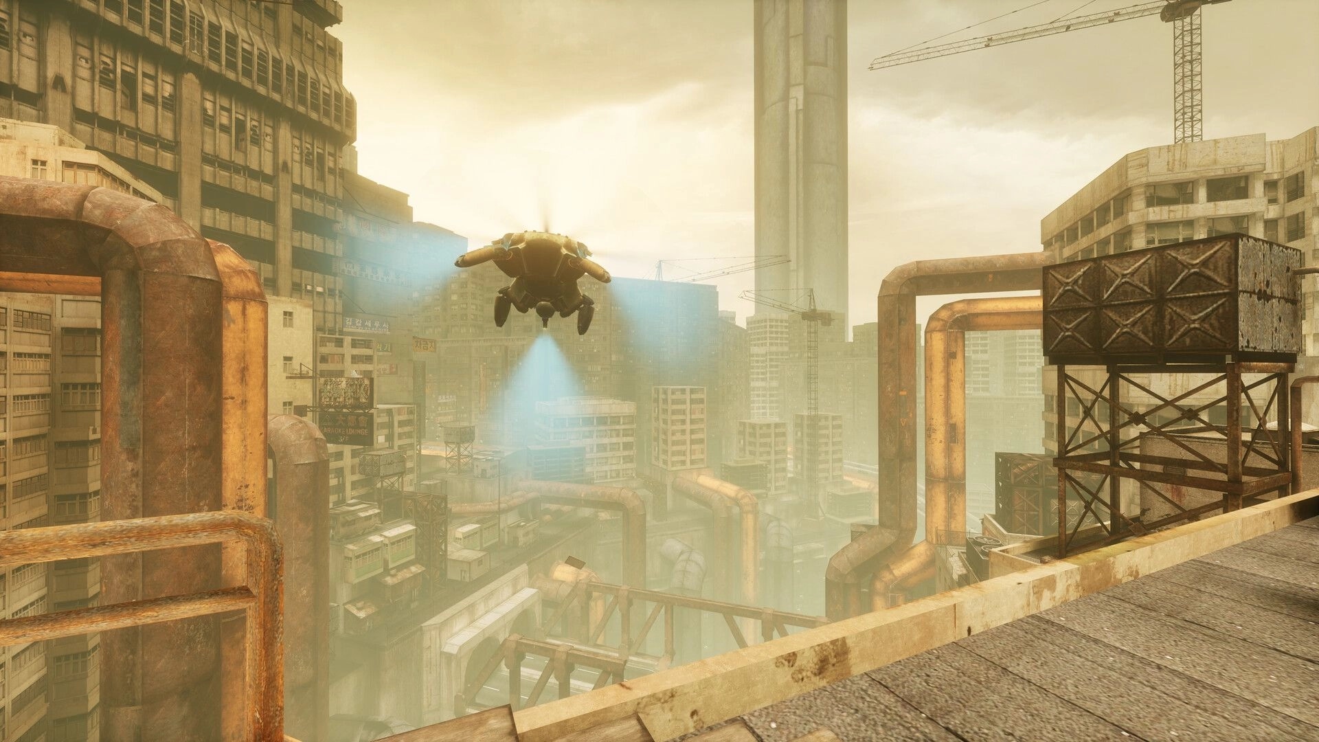 SPRAWL zero: Hovering drone with blue thrusters over smoggy industrial city rooftops and pipes.