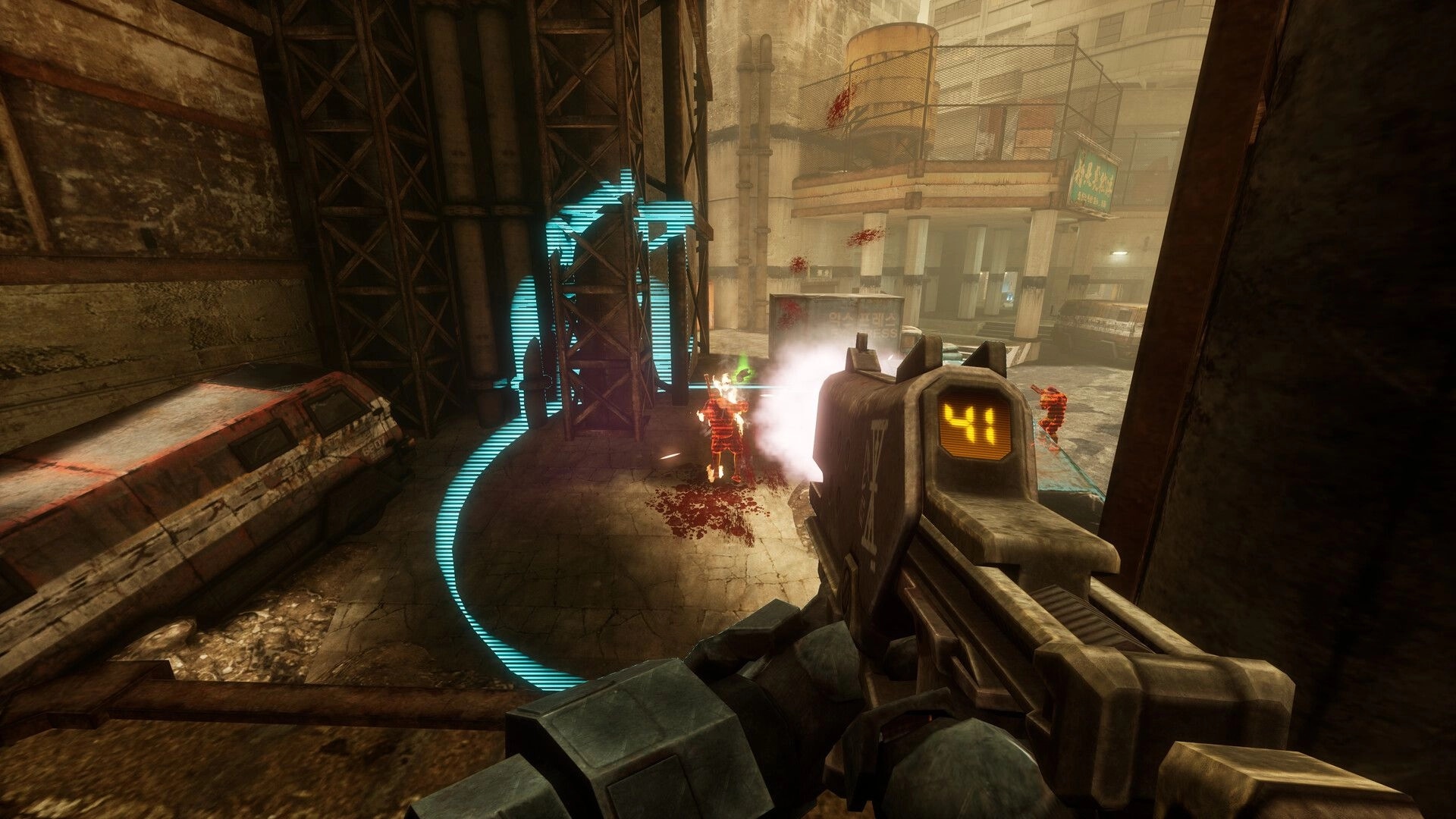 SPRAWL zero: First-person rifle firefight with red-armored foes in a gritty industrial courtyard, ammo 41 HUD.
