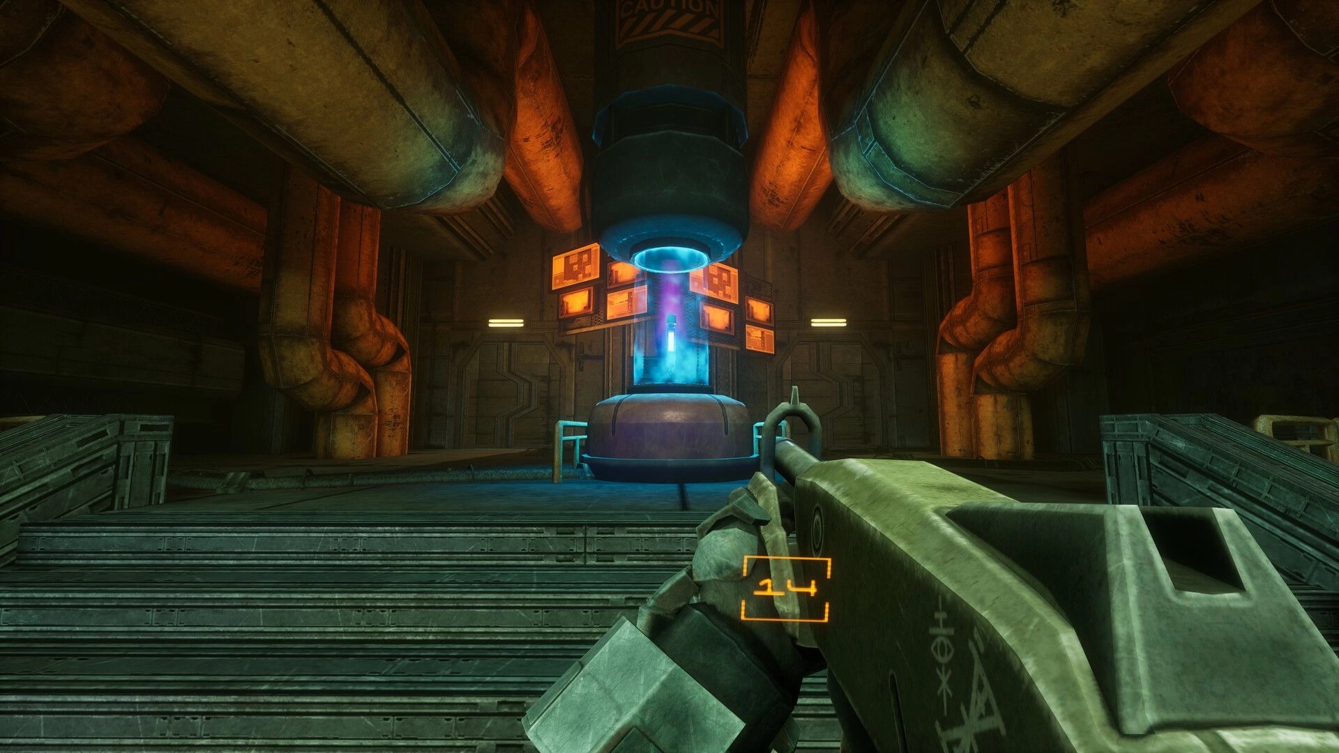 SPRAWL zero: First-person view aiming rifle at glowing reactor core in a pipe-filled industrial chamber.